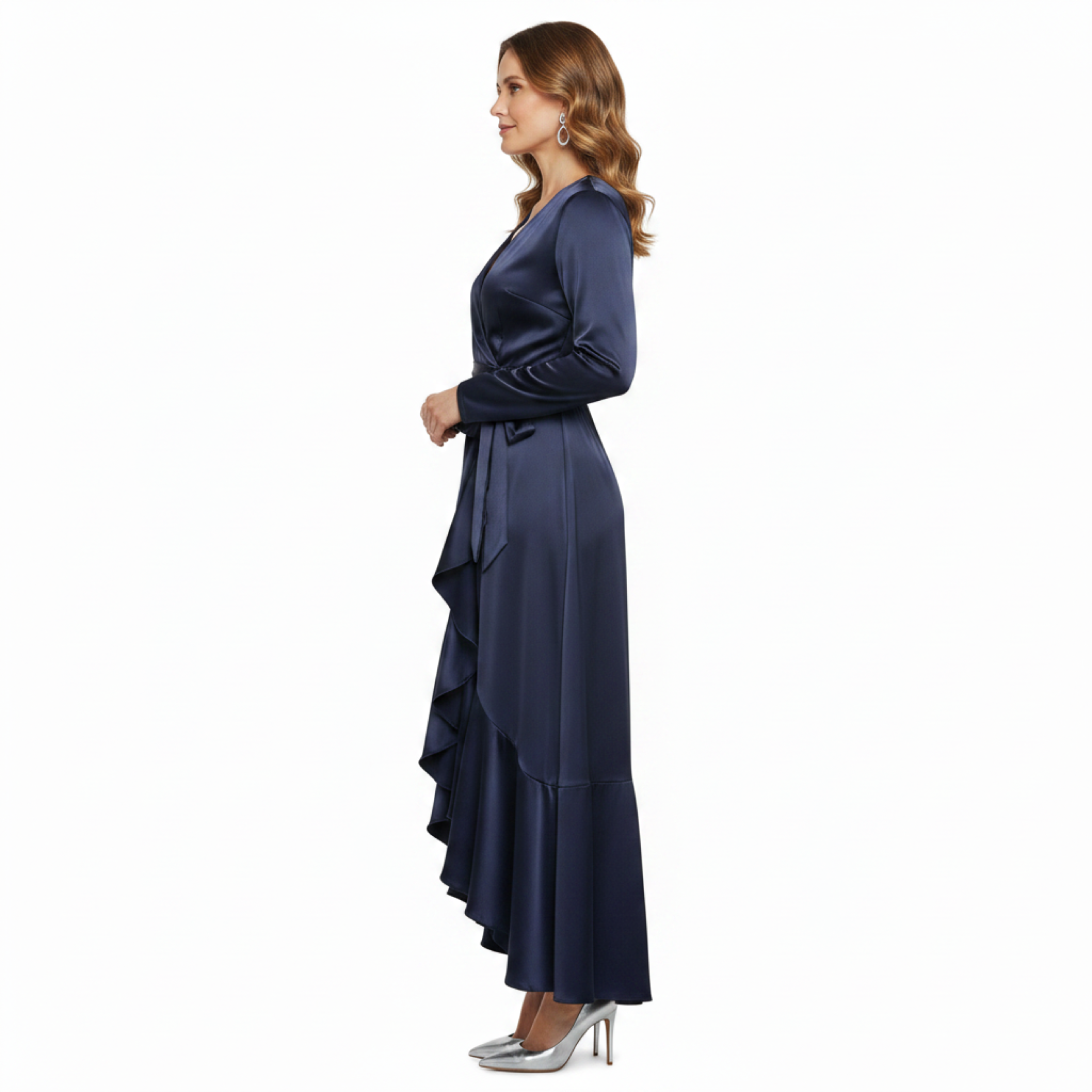 Long Satin Cocktail Dress with Wrap Design and Cascade Skirt