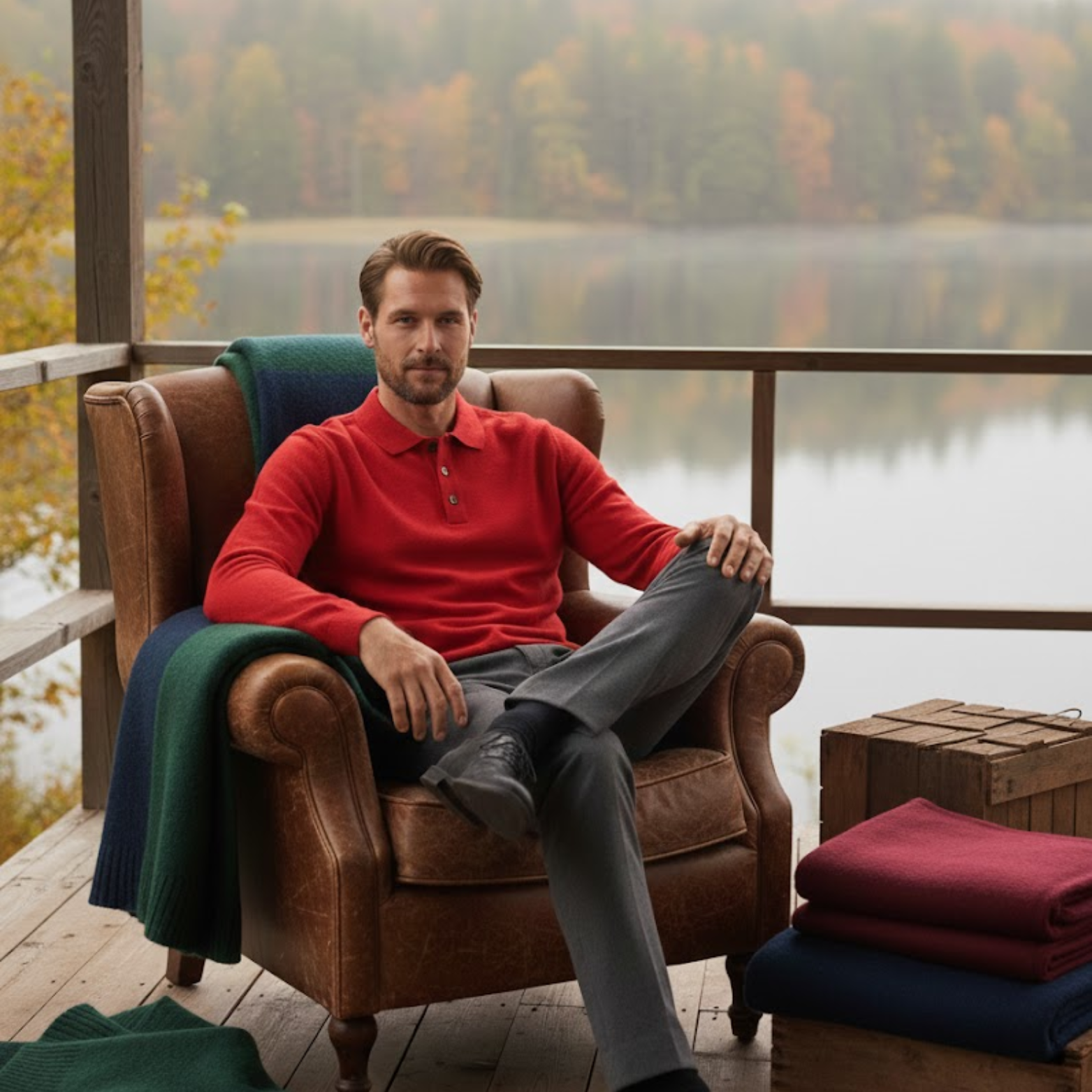Men's long-sleeved polo shirt made of 100% merino wool with buttoned collar, relaxed fit