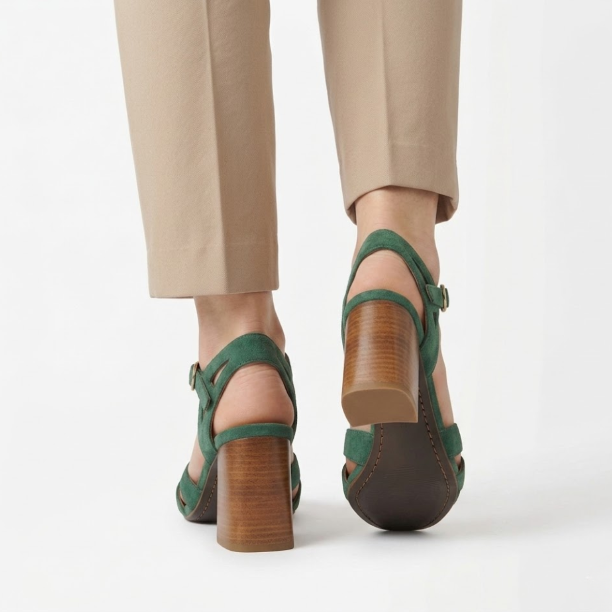 Sandalias de tacón de ante para mujer con punta cuadrada y correa al tobillo
