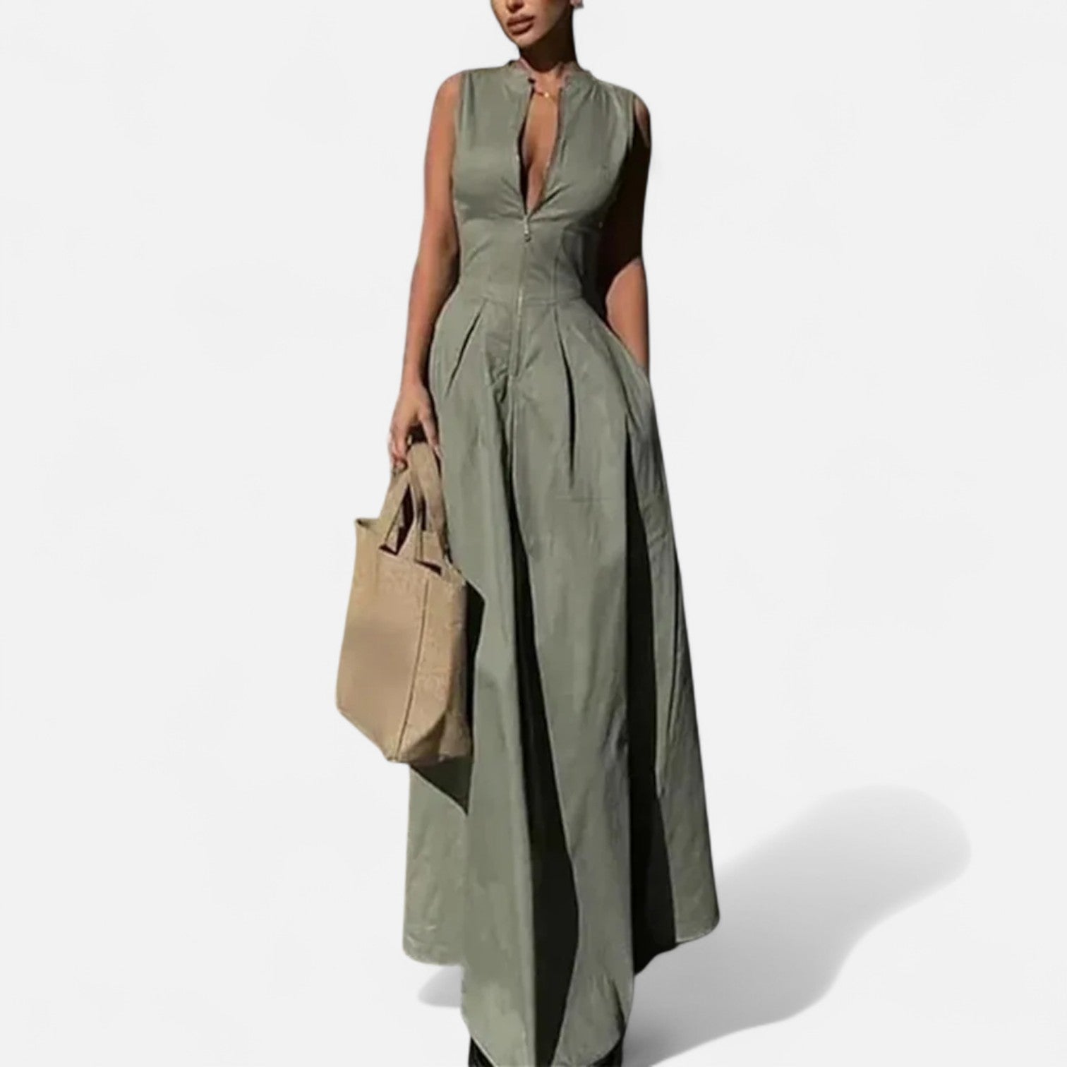 Ancienne Monde | Robe Midi Plissée Cintrée pour Femme – Élégance d’Été Sans Manches avec Fermeture Zippée