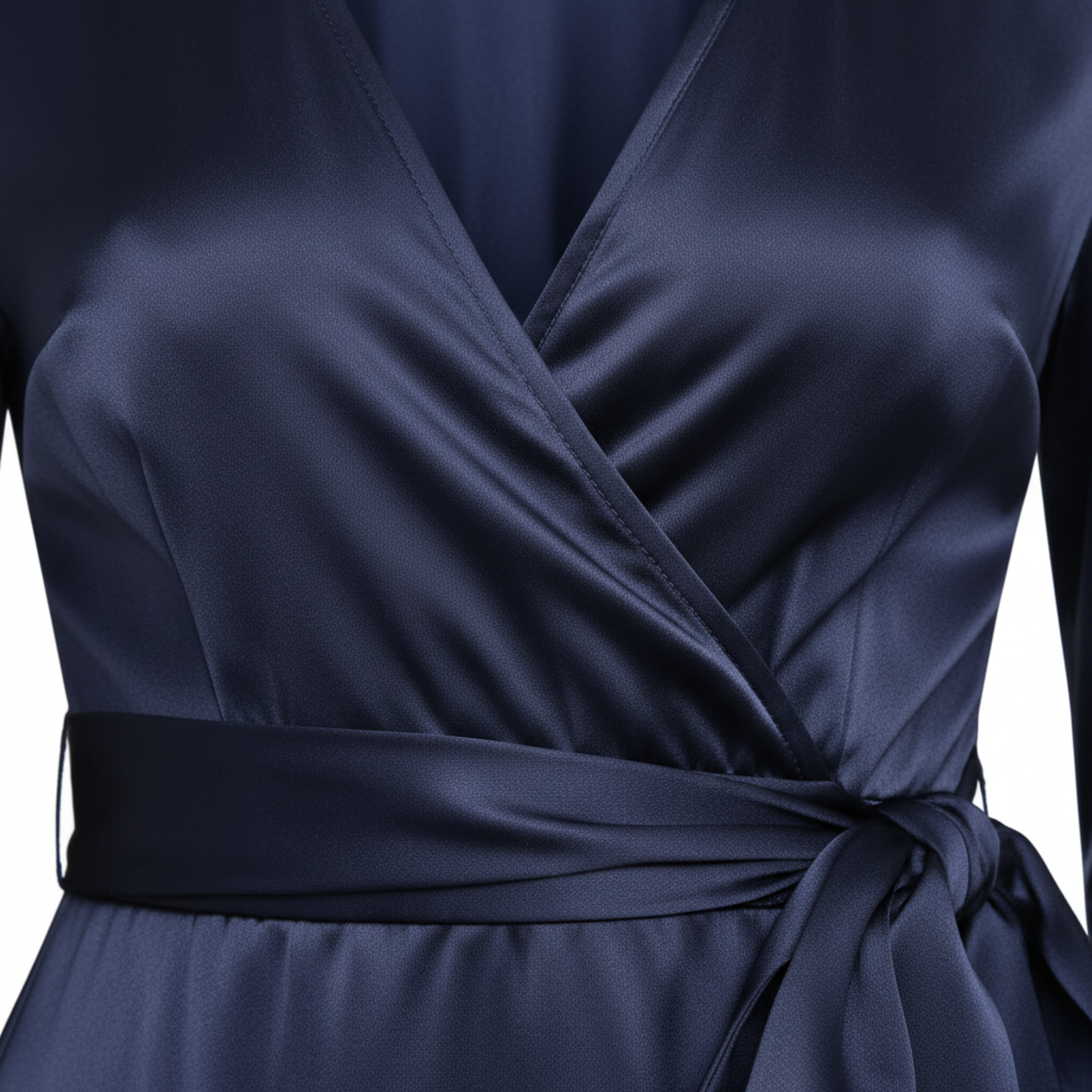 Long Satin Cocktail Dress with Wrap Design and Cascade Skirt
