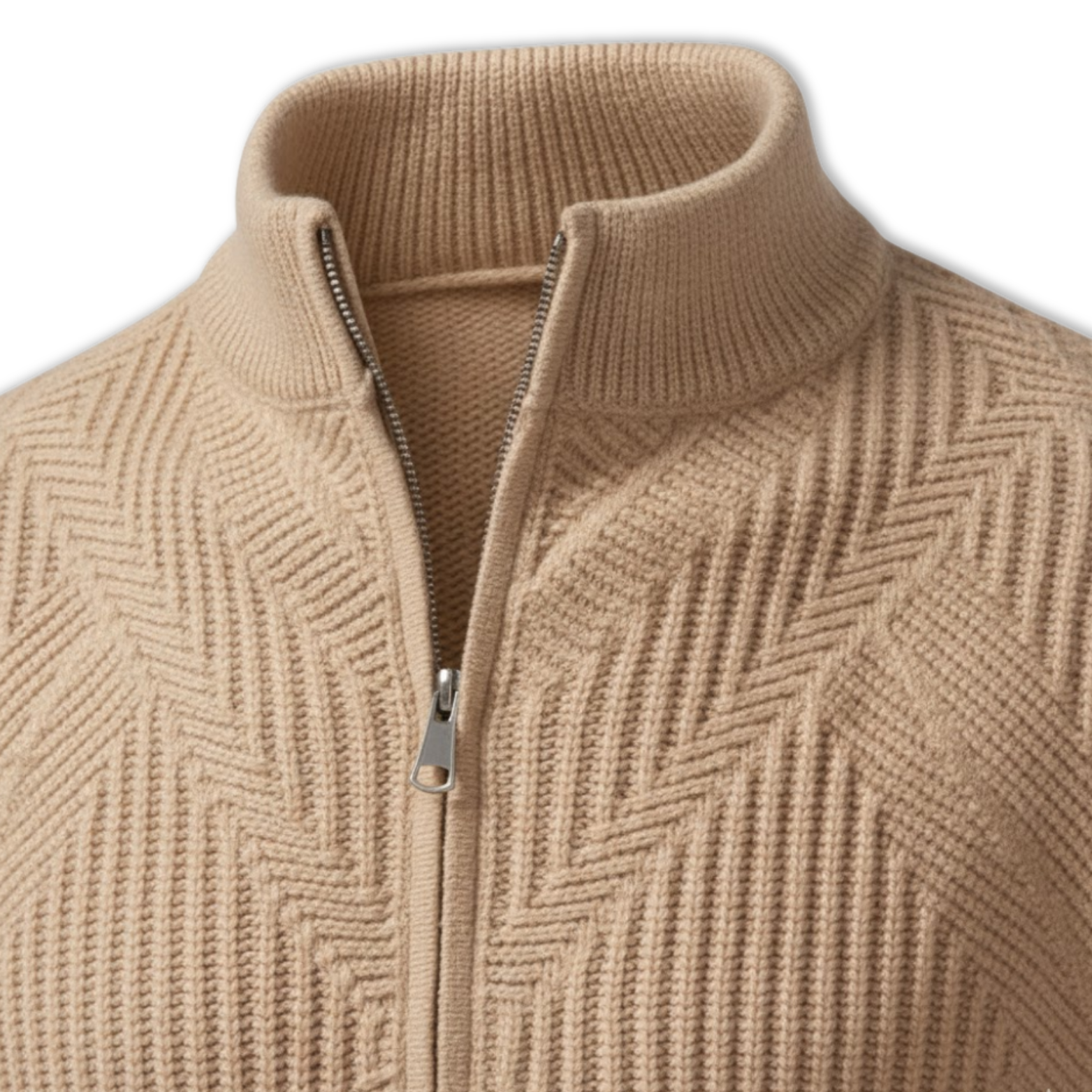 Men's knitted jacket with geometric patterns and protective stand-up collar