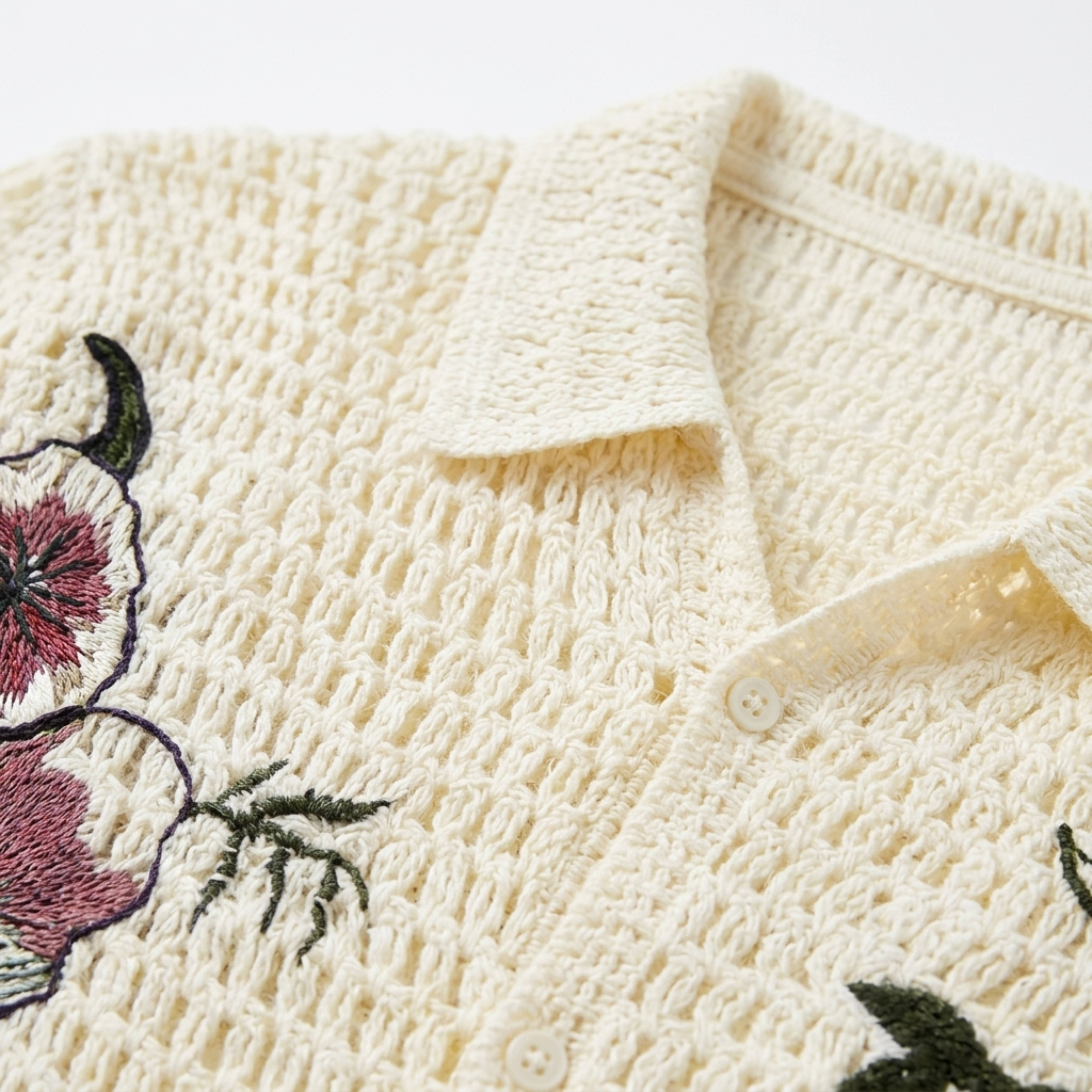 Men's crocheted polo — botanical embroidery — summer resort style