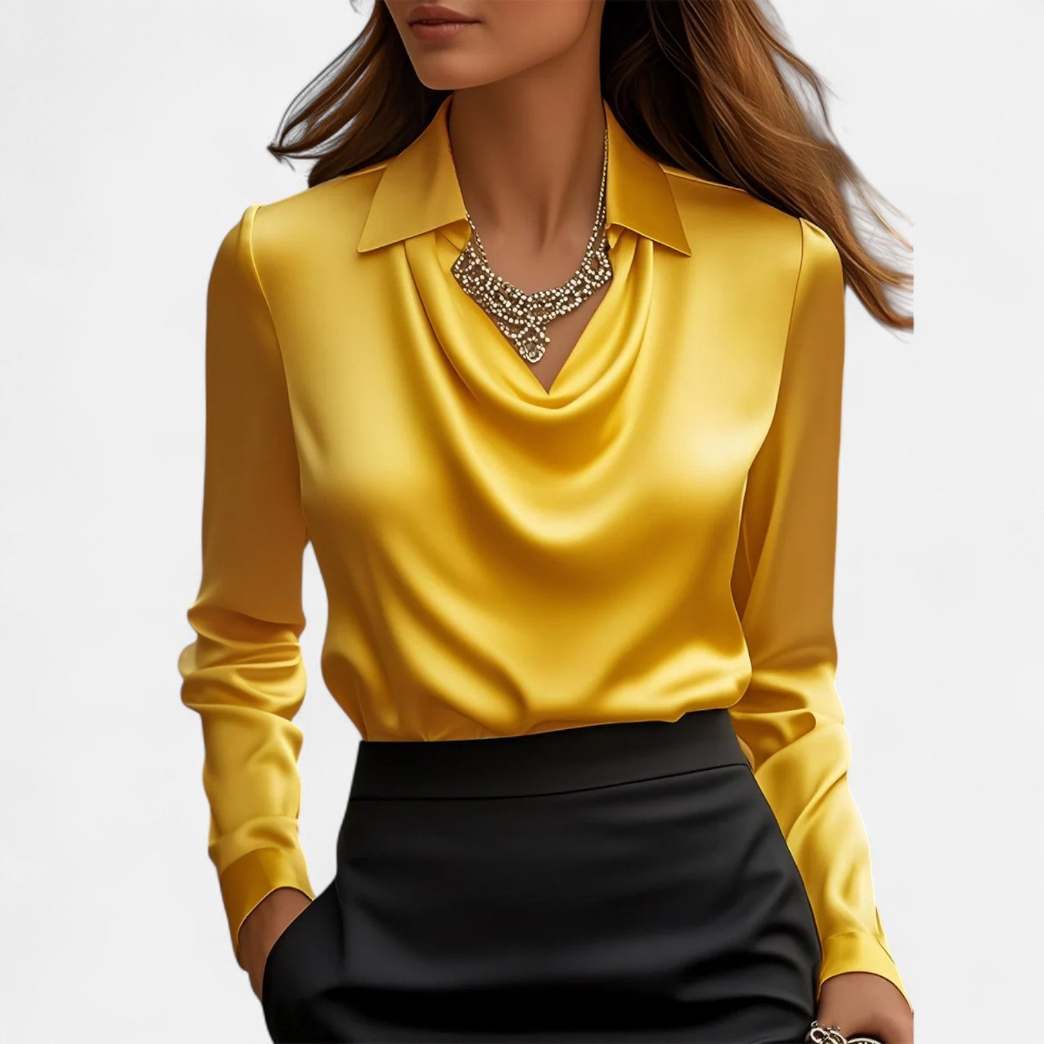 Ancienne Monde | Blouse Blanche en Satin Femme – Encolure Drapée, Élégance Intemporelle