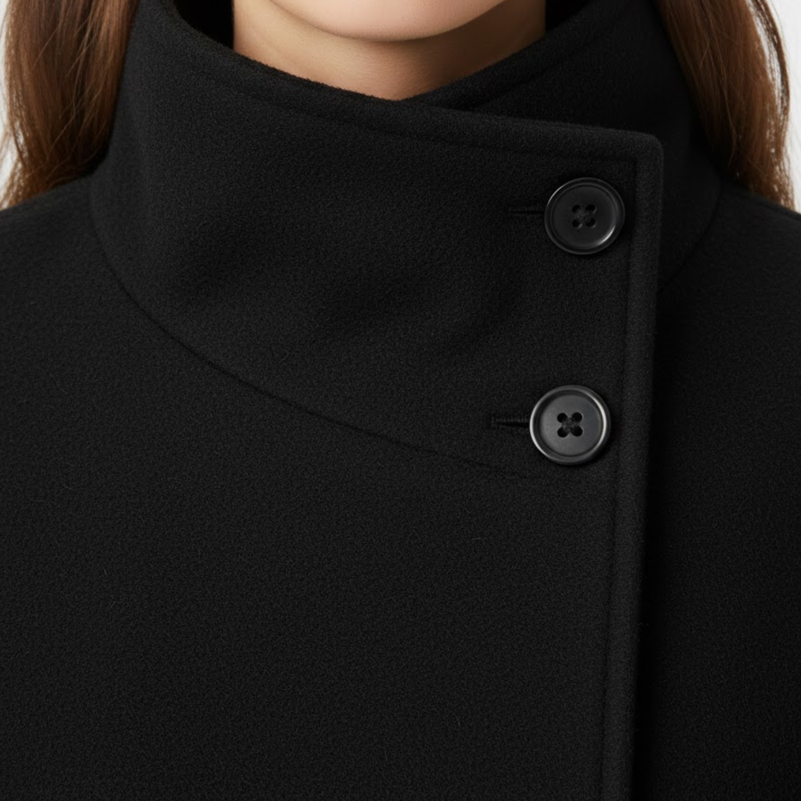 Női műszőrme kabát álló gallérral és övvel, meleg, elegáns dzseki