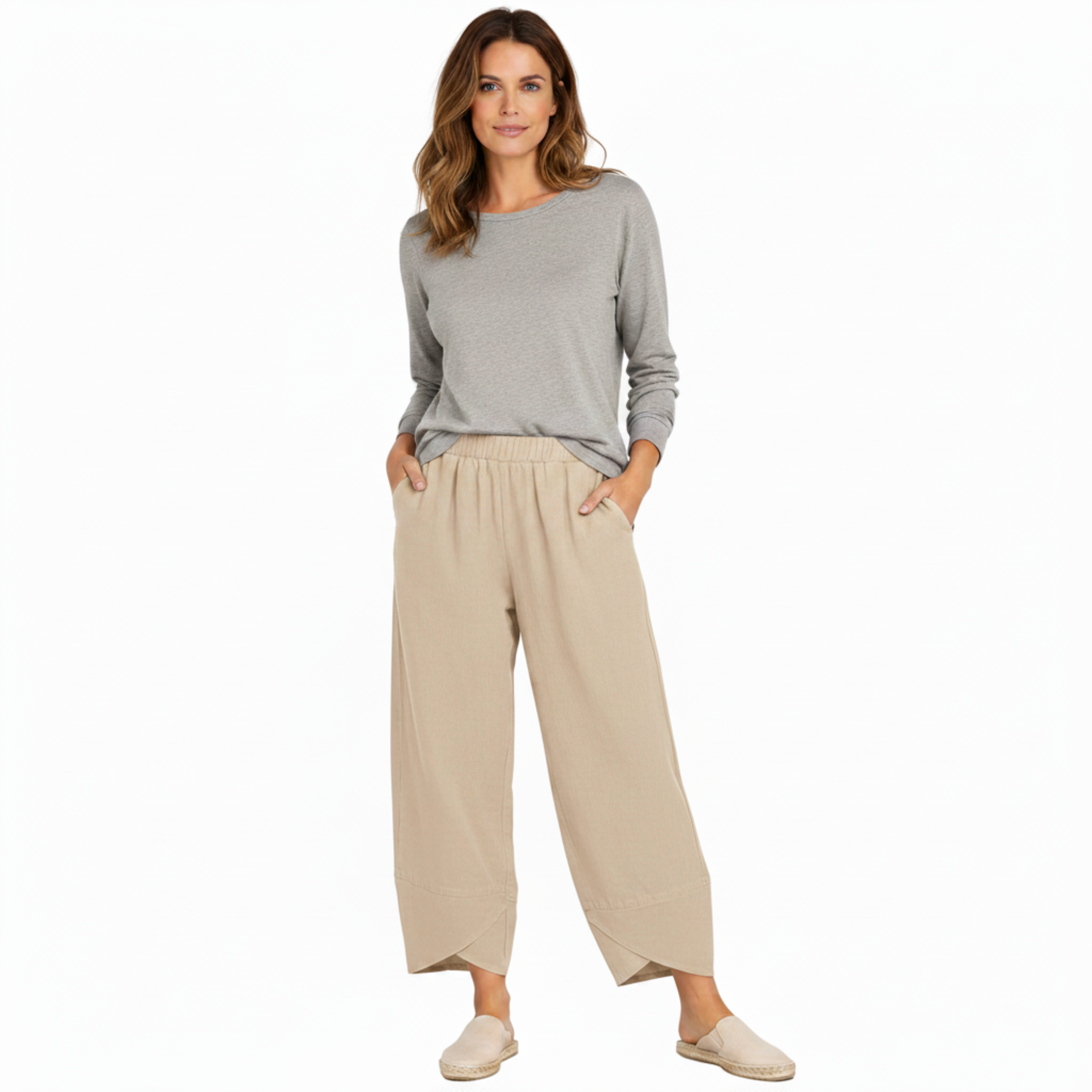 Capri-Hose mit weitem Bein, elastischem Bund und schrägem Saum für Damen