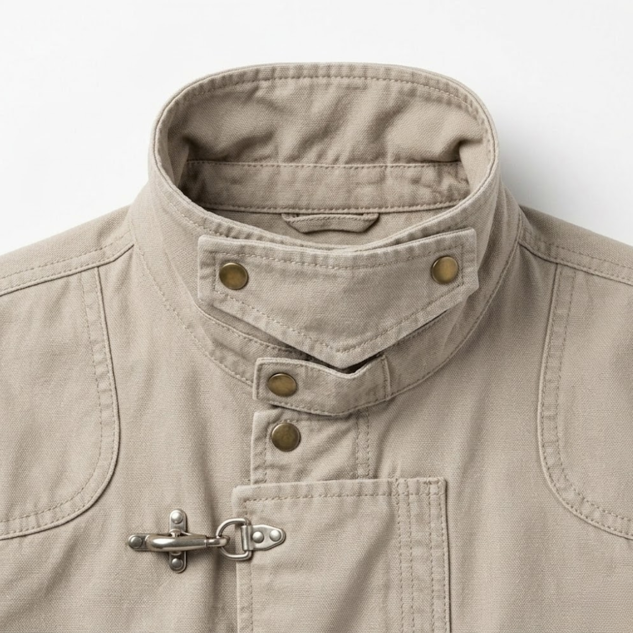 Short Jacket with Stand-Up Collar, Metal Buckles, and Wide Cut Unisex