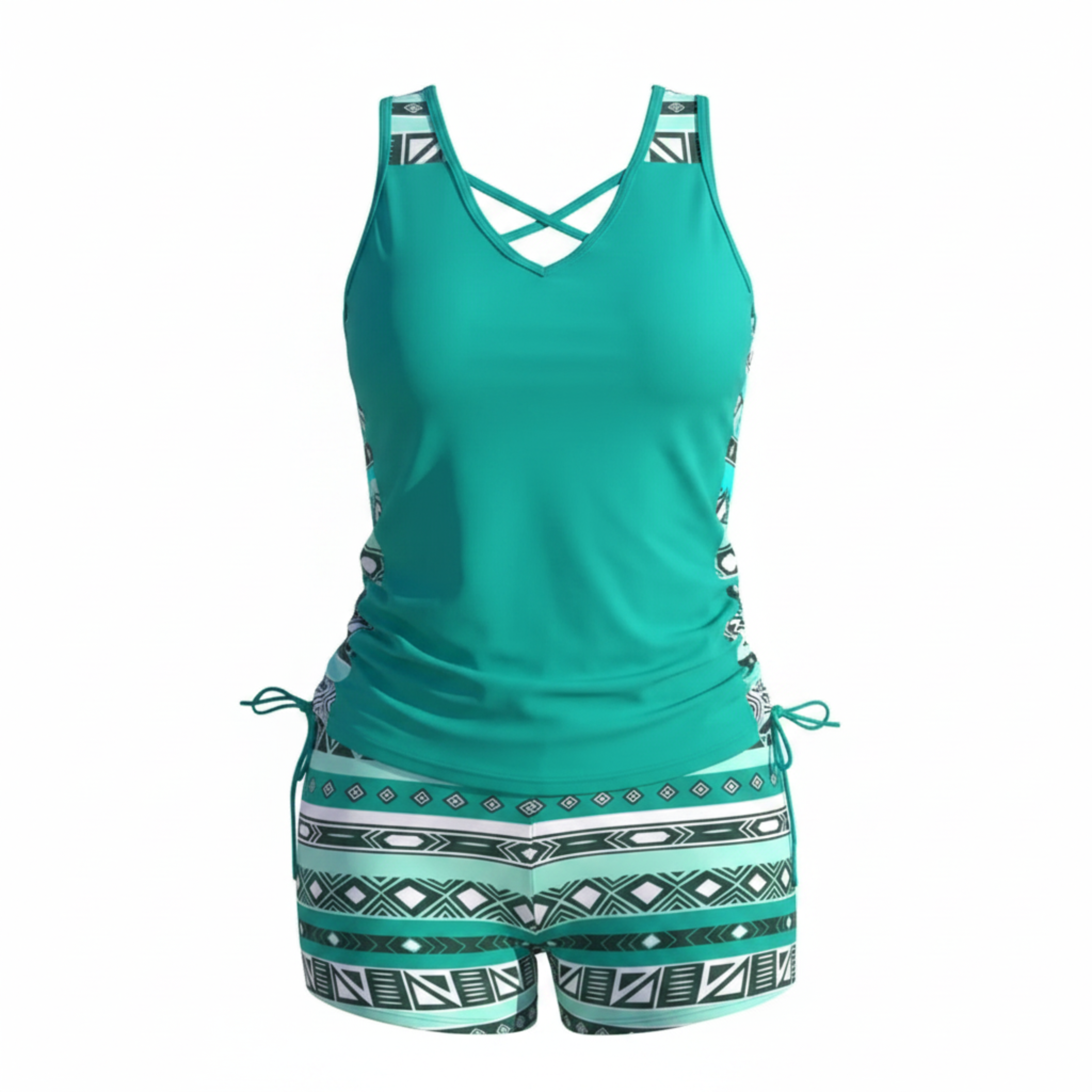 Maillot de Bain Tankini Deux Pièces avec Col en V et Détails Entrecroisés Femme