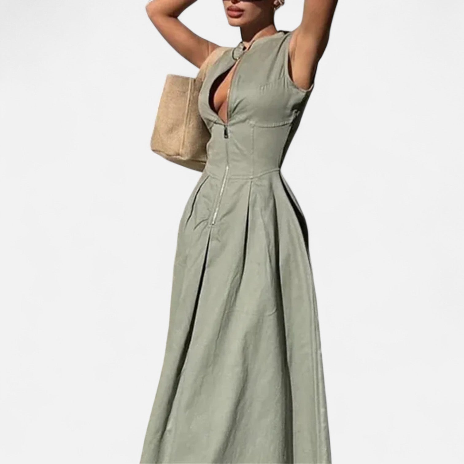 Ancienne Monde | Robe Midi Plissée Cintrée pour Femme – Élégance d’Été Sans Manches avec Fermeture Zippée