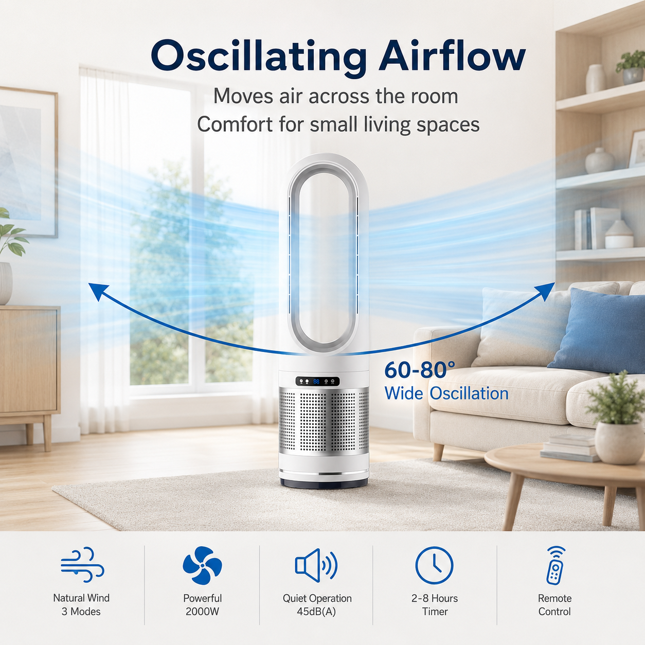 Ventilador de columna sin aspas con control remoto y oscilación