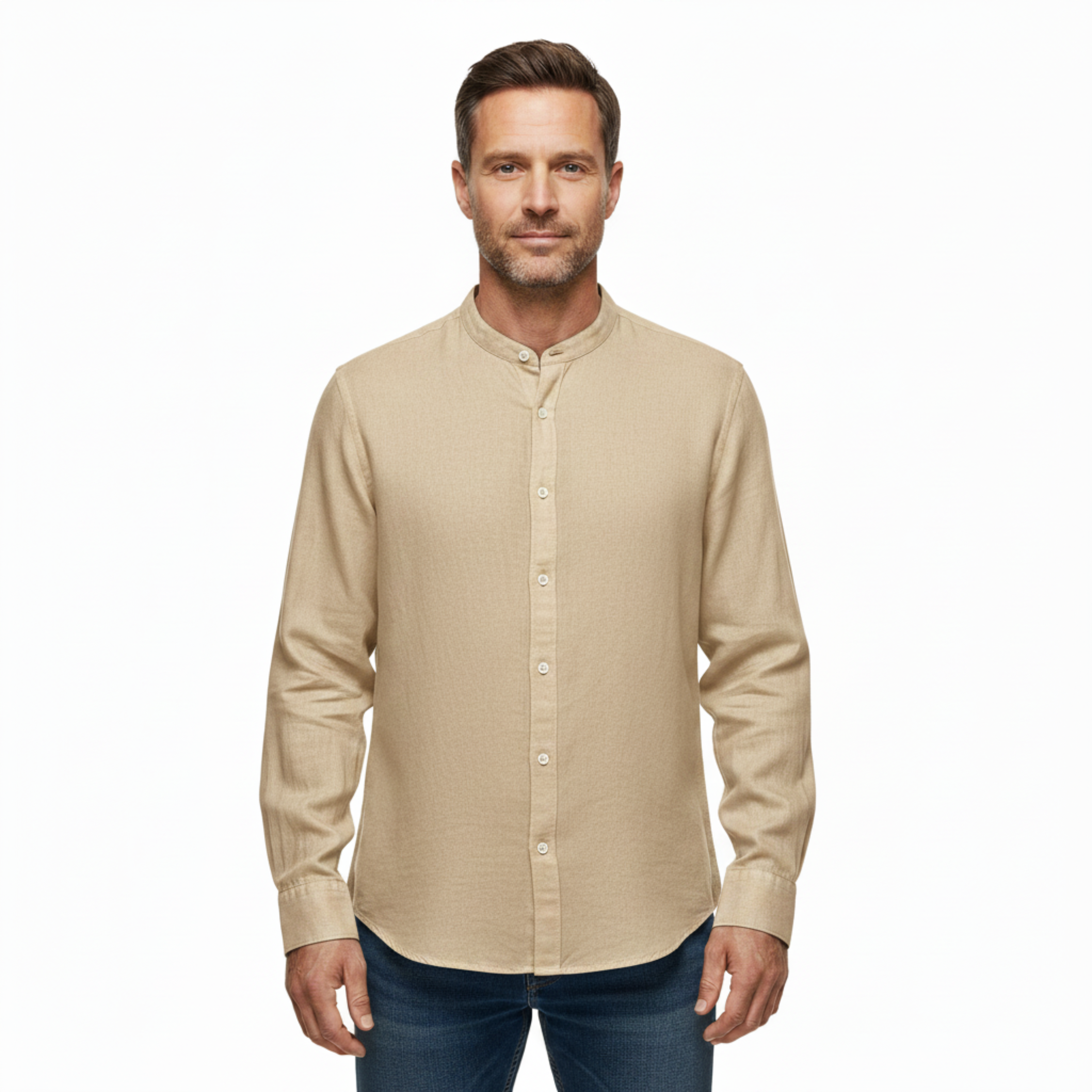 Camisa de lino para hombre con cuello clásico y mangas largas ajustables