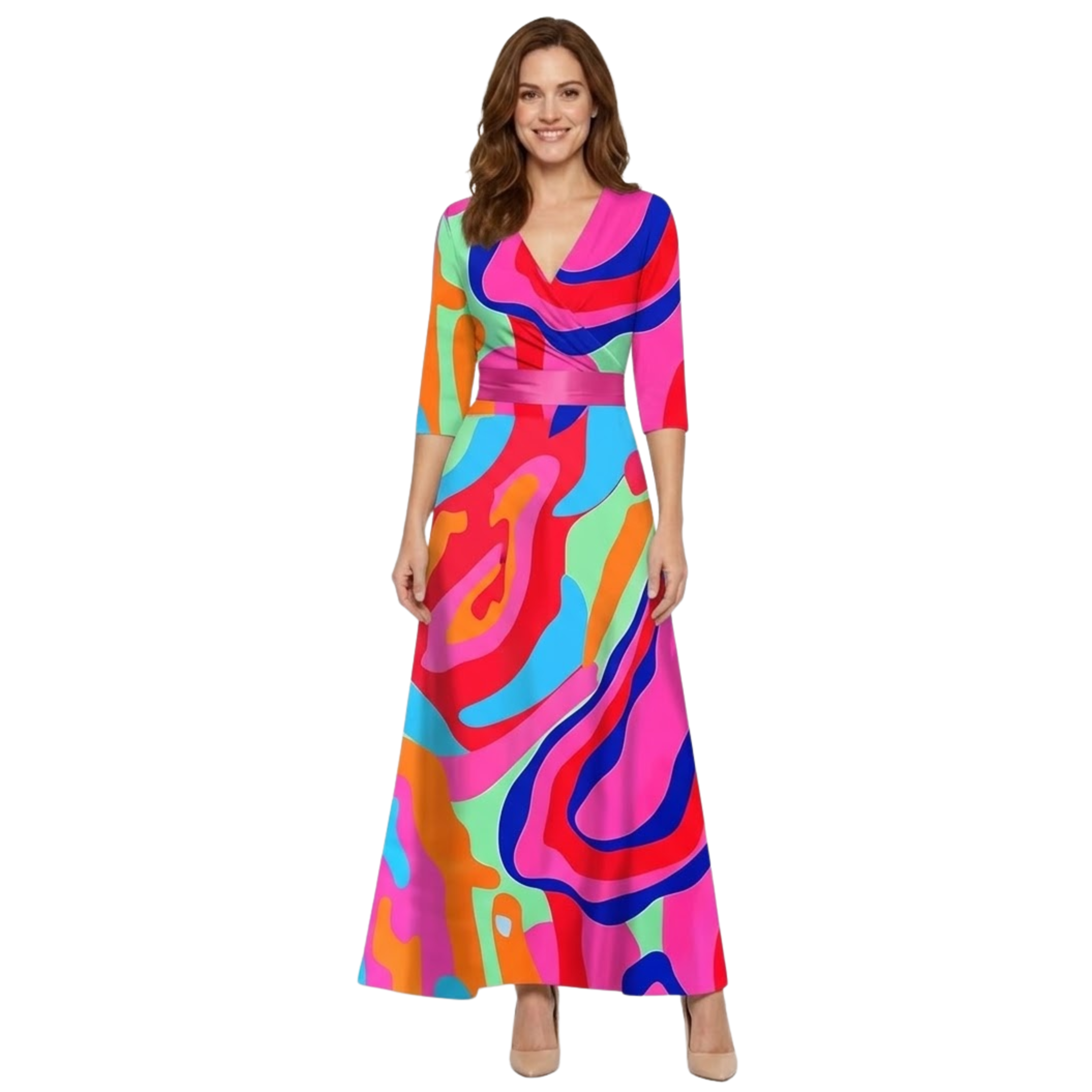 Long Floral Dress with V-Neck, Long Sleeves, and Flowing Fit