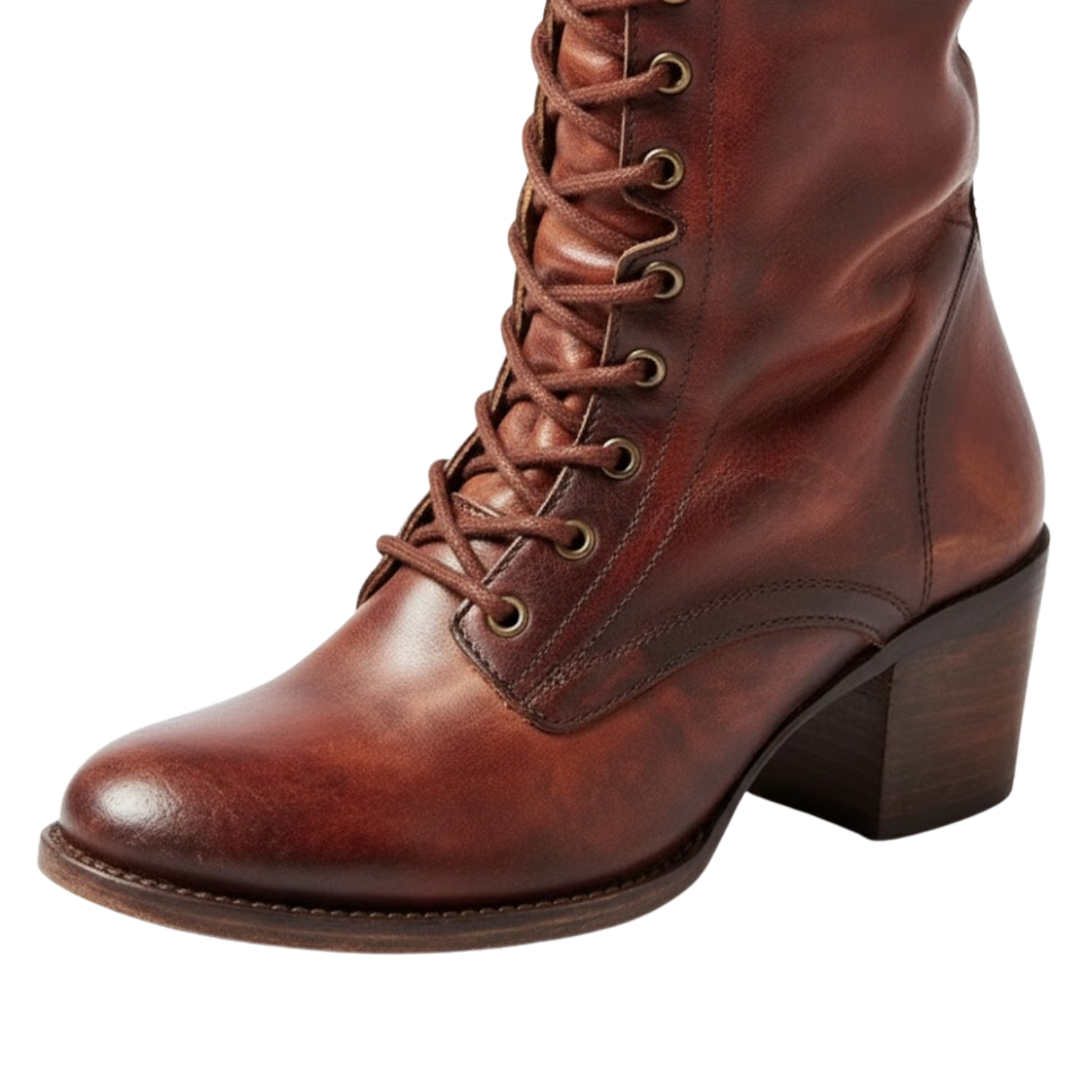 Botas altas de mujer con cordones altos en cuero envejecido con tacón cuadrado y forro suave