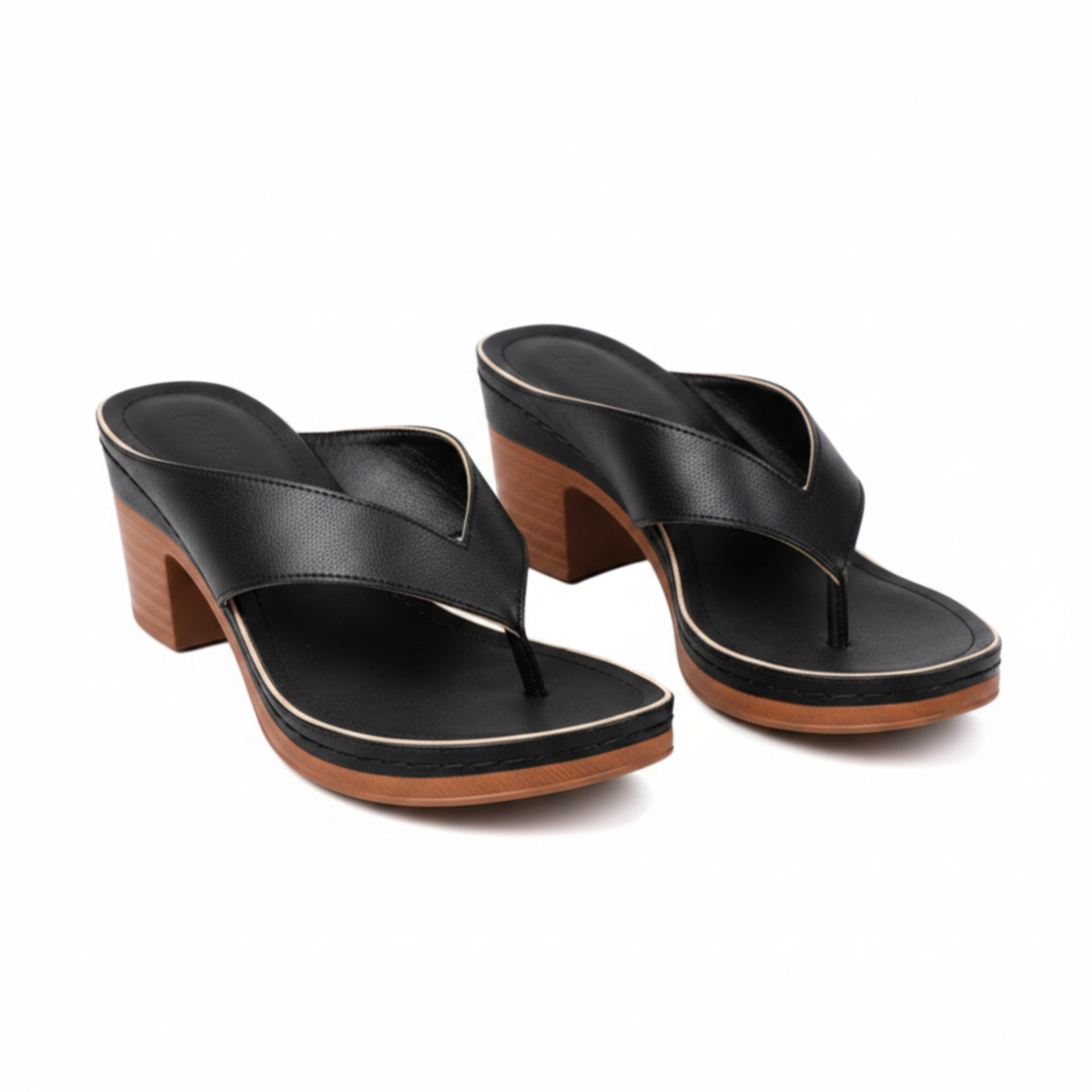 Block Heel Sandals for Women with Metallic Thong Strap