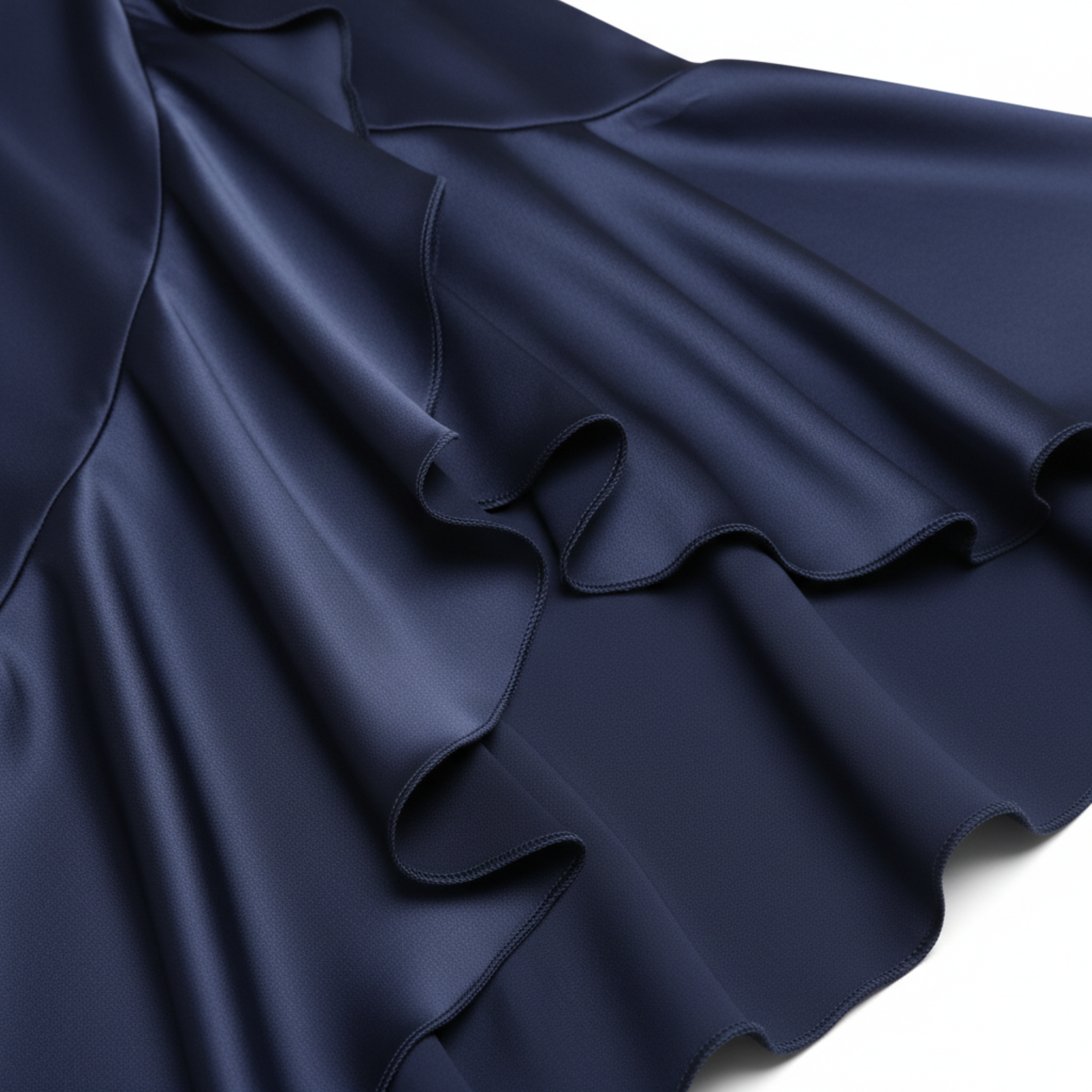 Long Satin Cocktail Dress with Wrap Design and Cascade Skirt