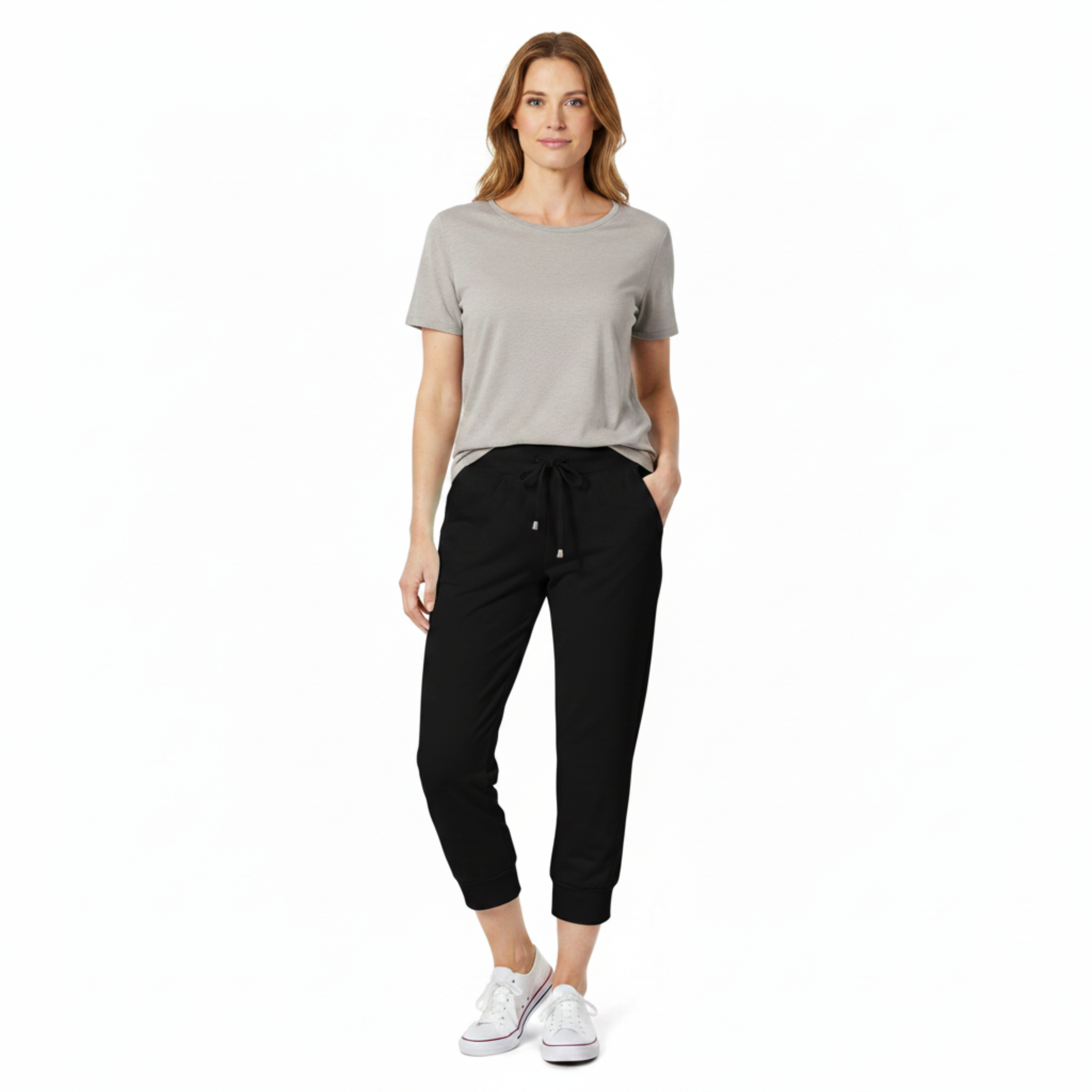Pantalón capri en textil ligero con cintura elástica y cordón ajustable