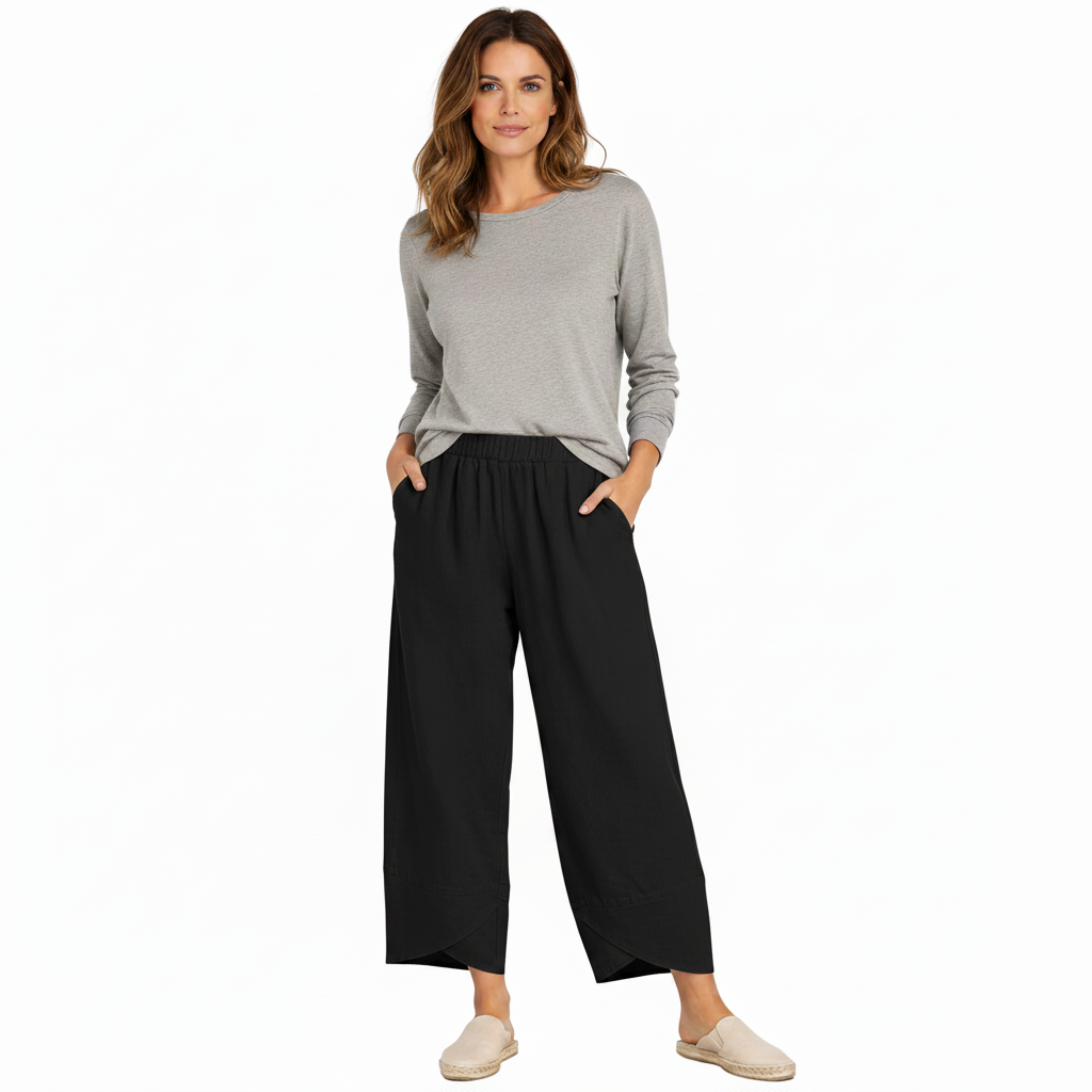 Capri-Hose mit weitem Bein, elastischem Bund und schrägem Saum für Damen