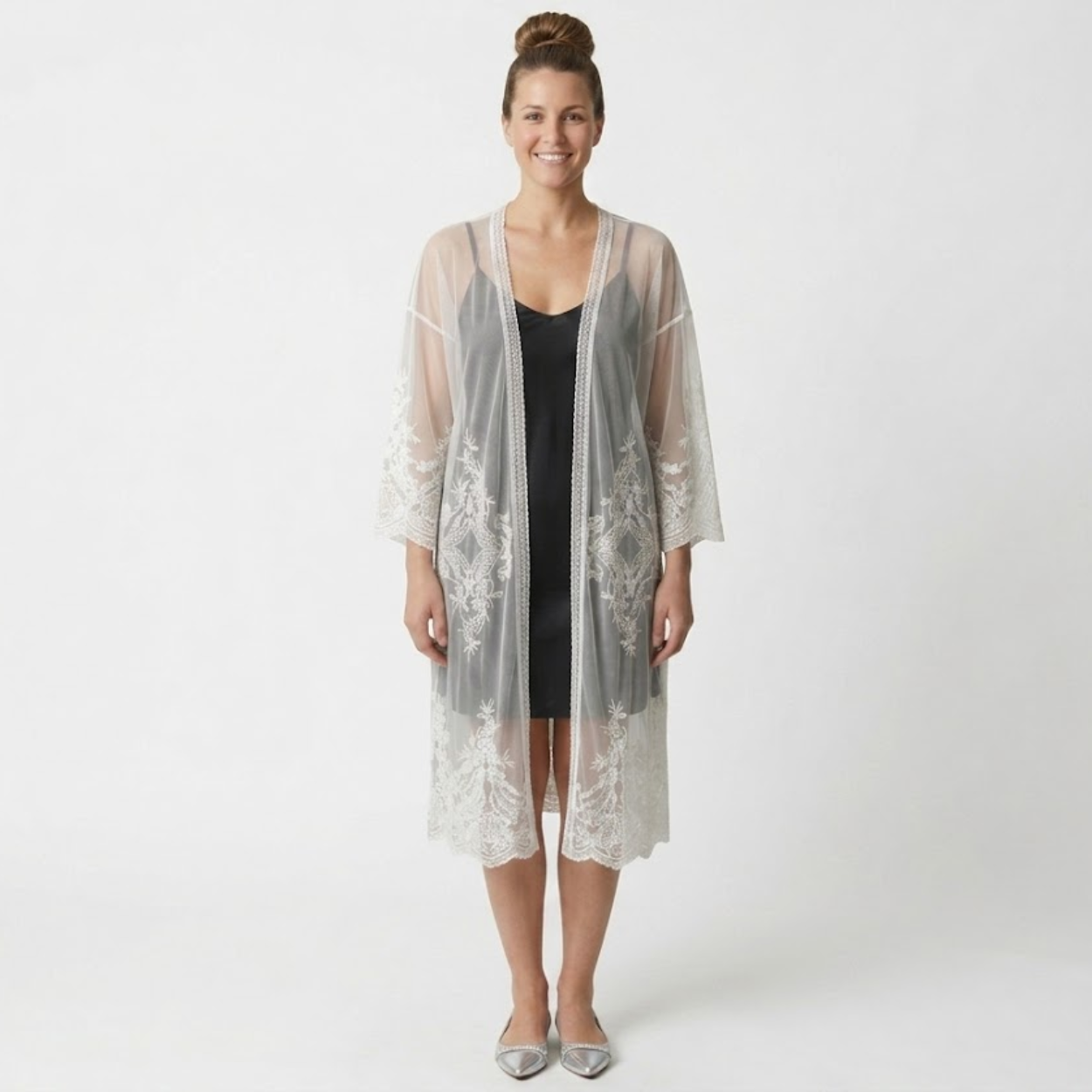 Kimono de encaje para mujer, cubrebaño abierto y transparente