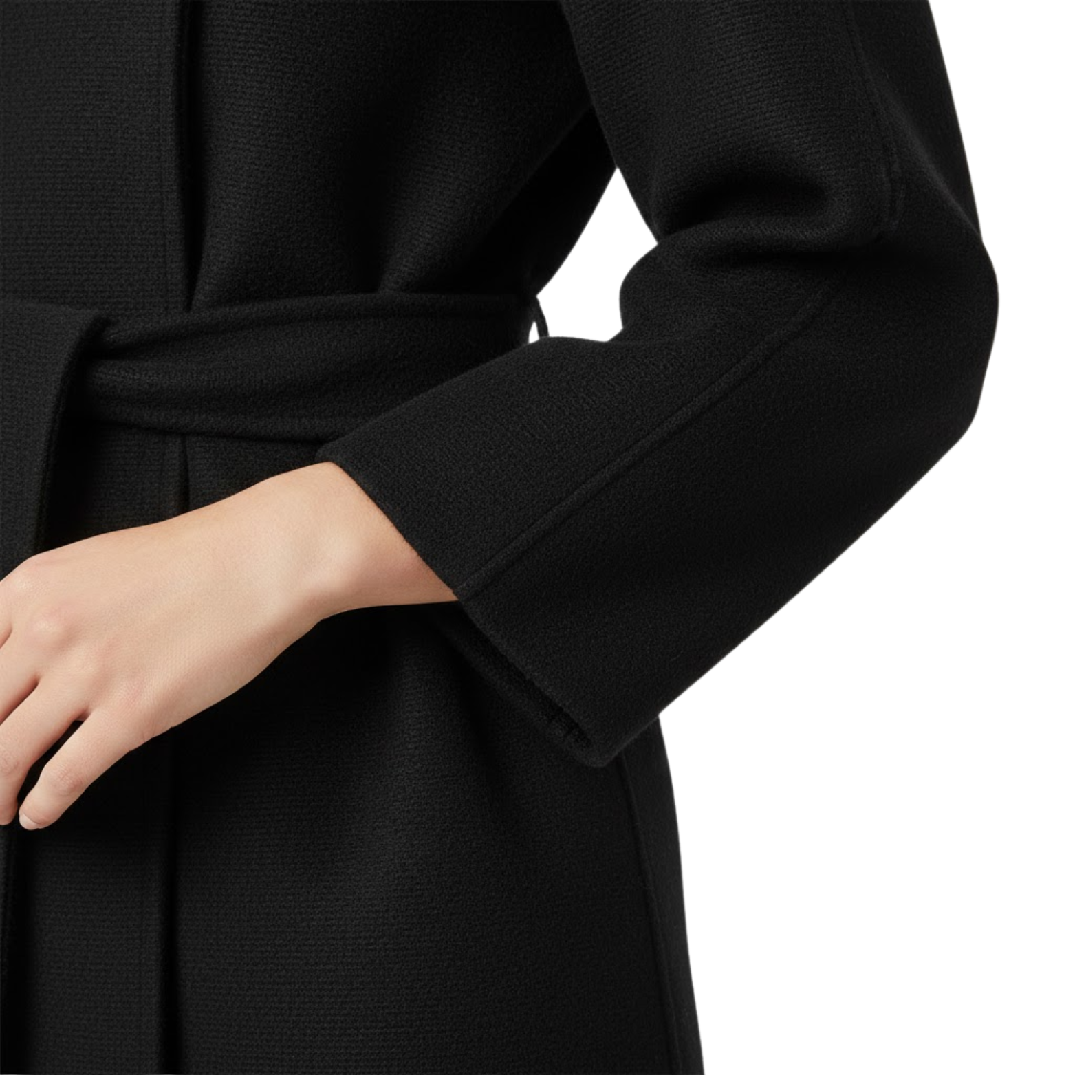 Női műszőrme kabát álló gallérral és övvel, meleg, elegáns dzseki