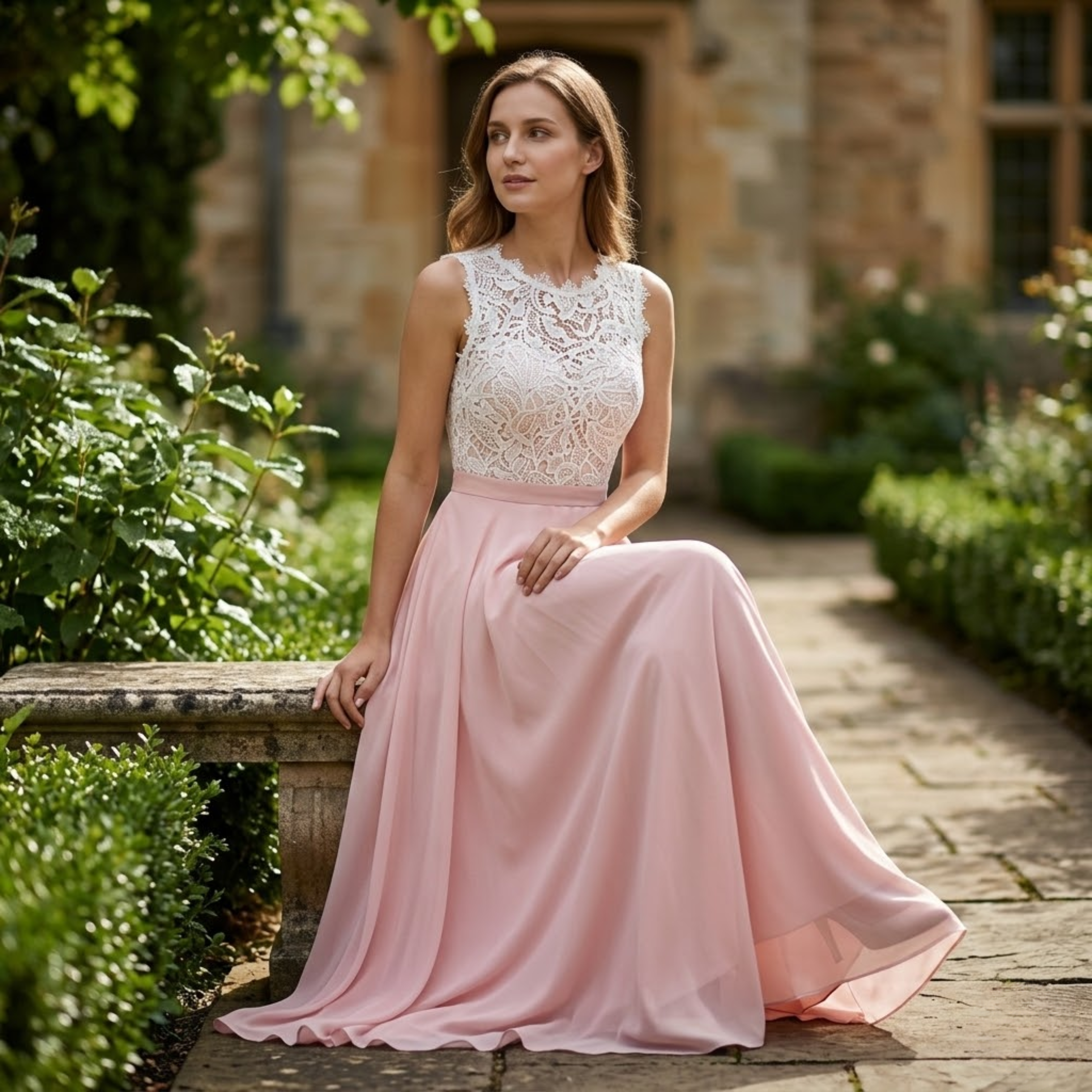 Sleeveless Long Evening Dress in Lace and Chiffon with Crocheted Bodice