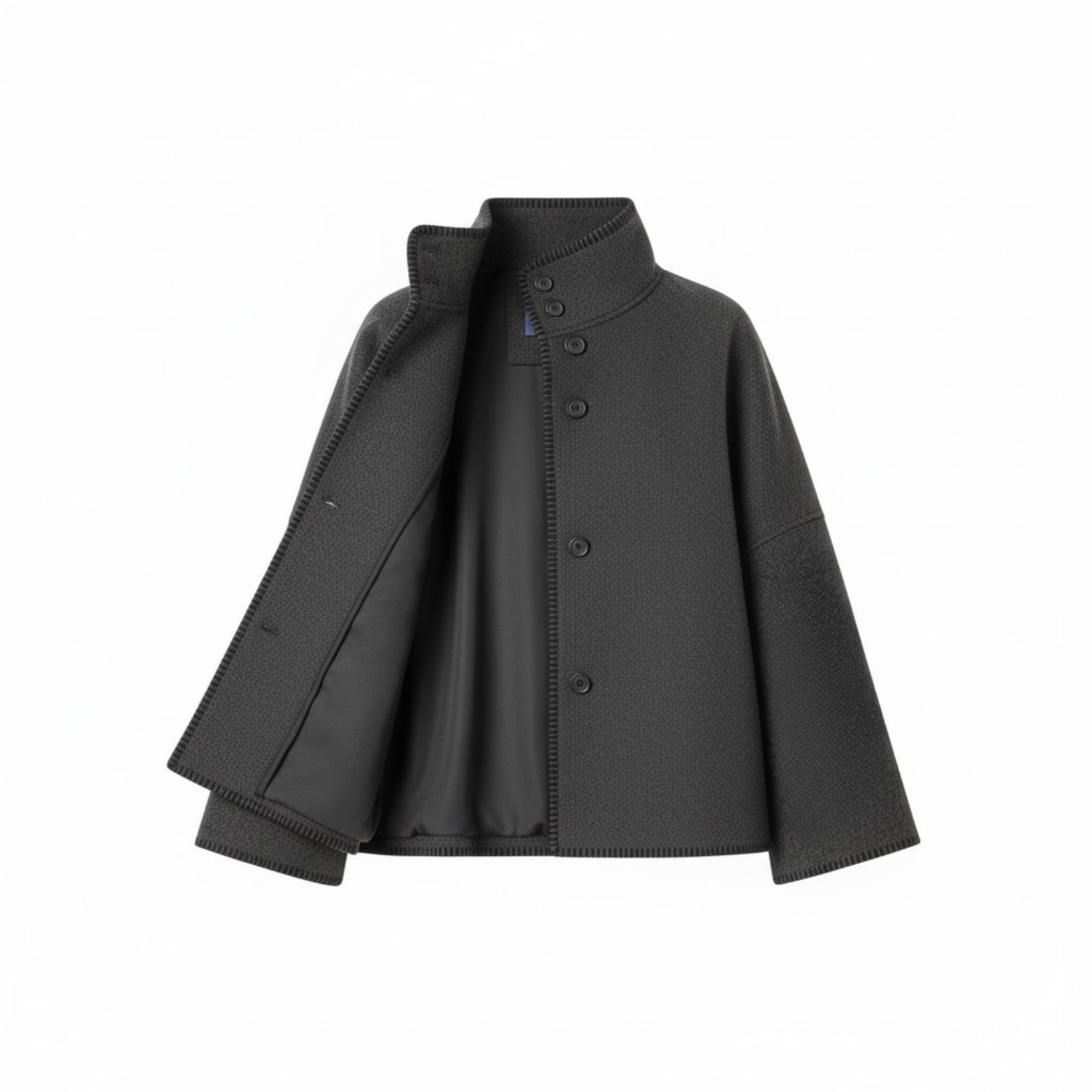 Women's Vintage Wool Jacket Wide Shoulders Stand-Up Collar Long Sleeves Autumn Elegant