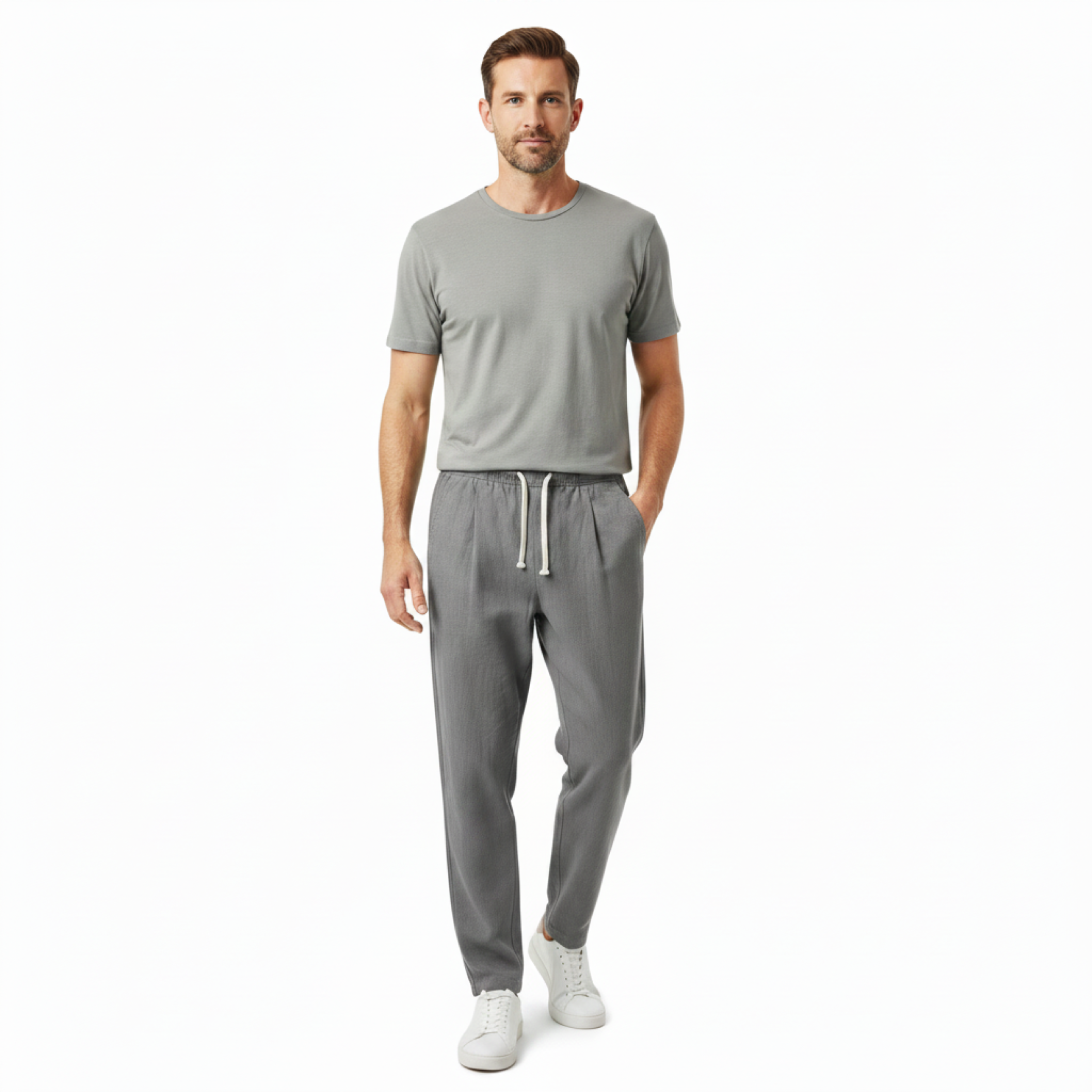Men's Linen Capri Pants Relaxed Tapered Fit with Elastic Waistband