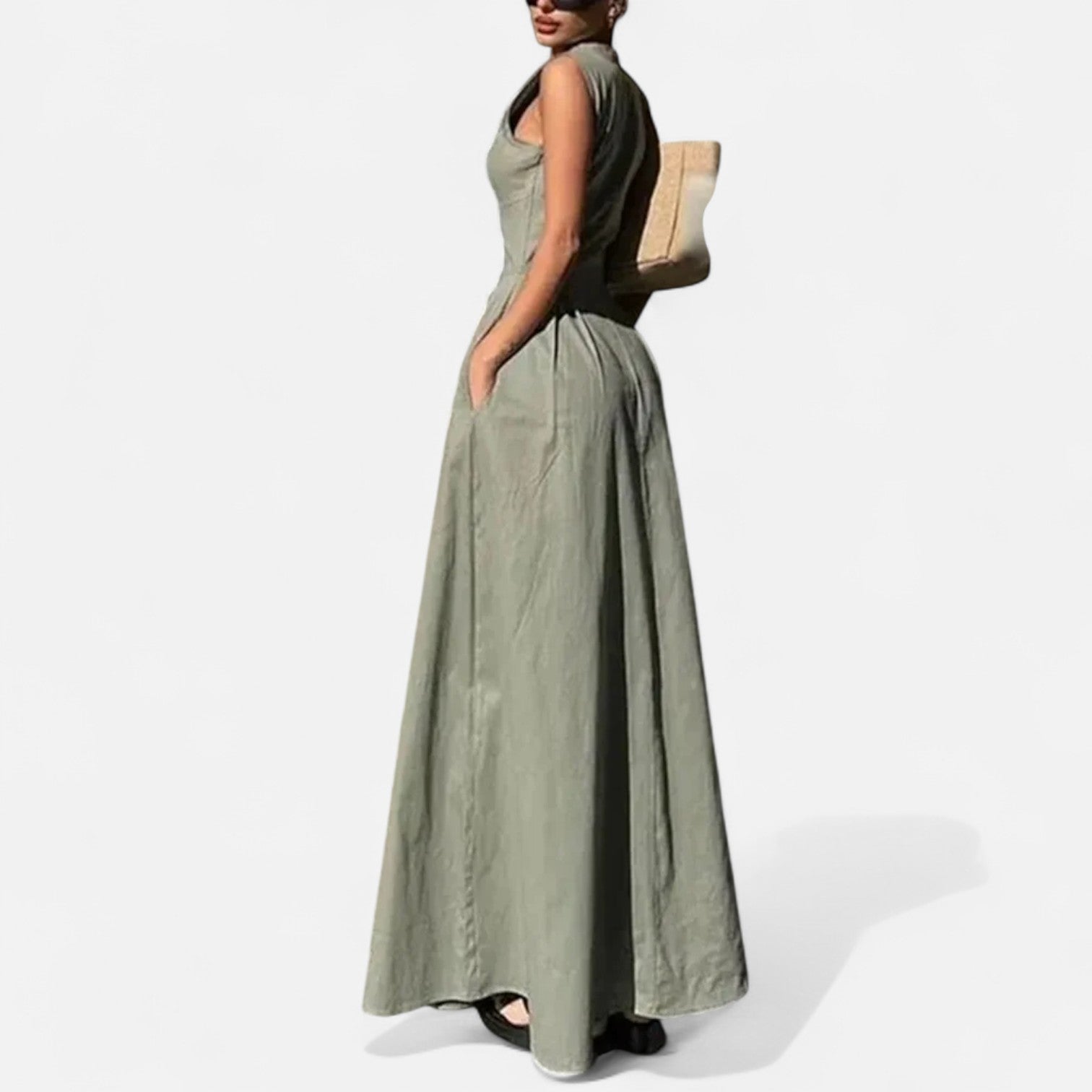 Ancienne Monde | Robe Midi Plissée Cintrée pour Femme – Élégance d’Été Sans Manches avec Fermeture Zippée
