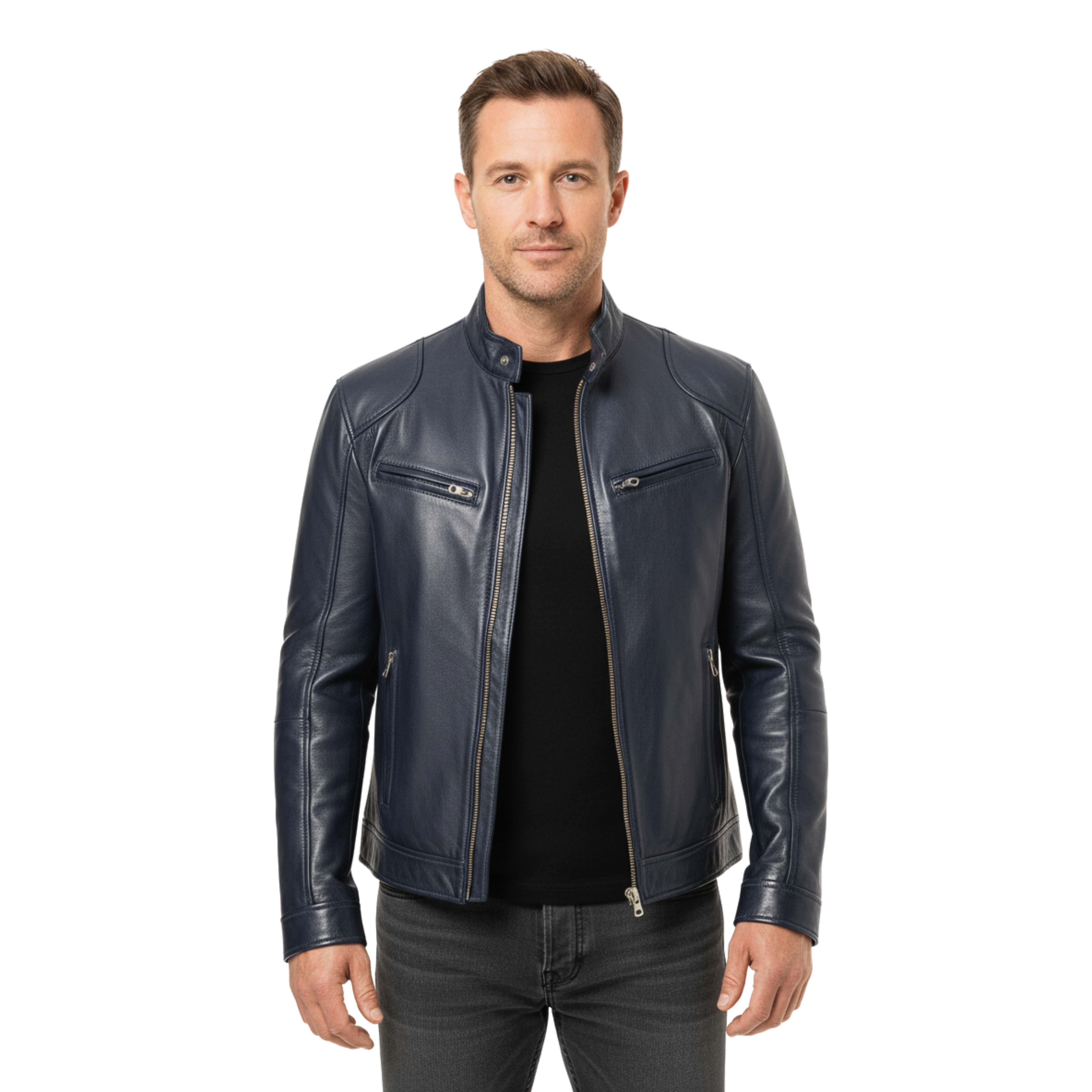 Herre lædervest med officerkrave og lynlåslommer, tætsiddende pasform