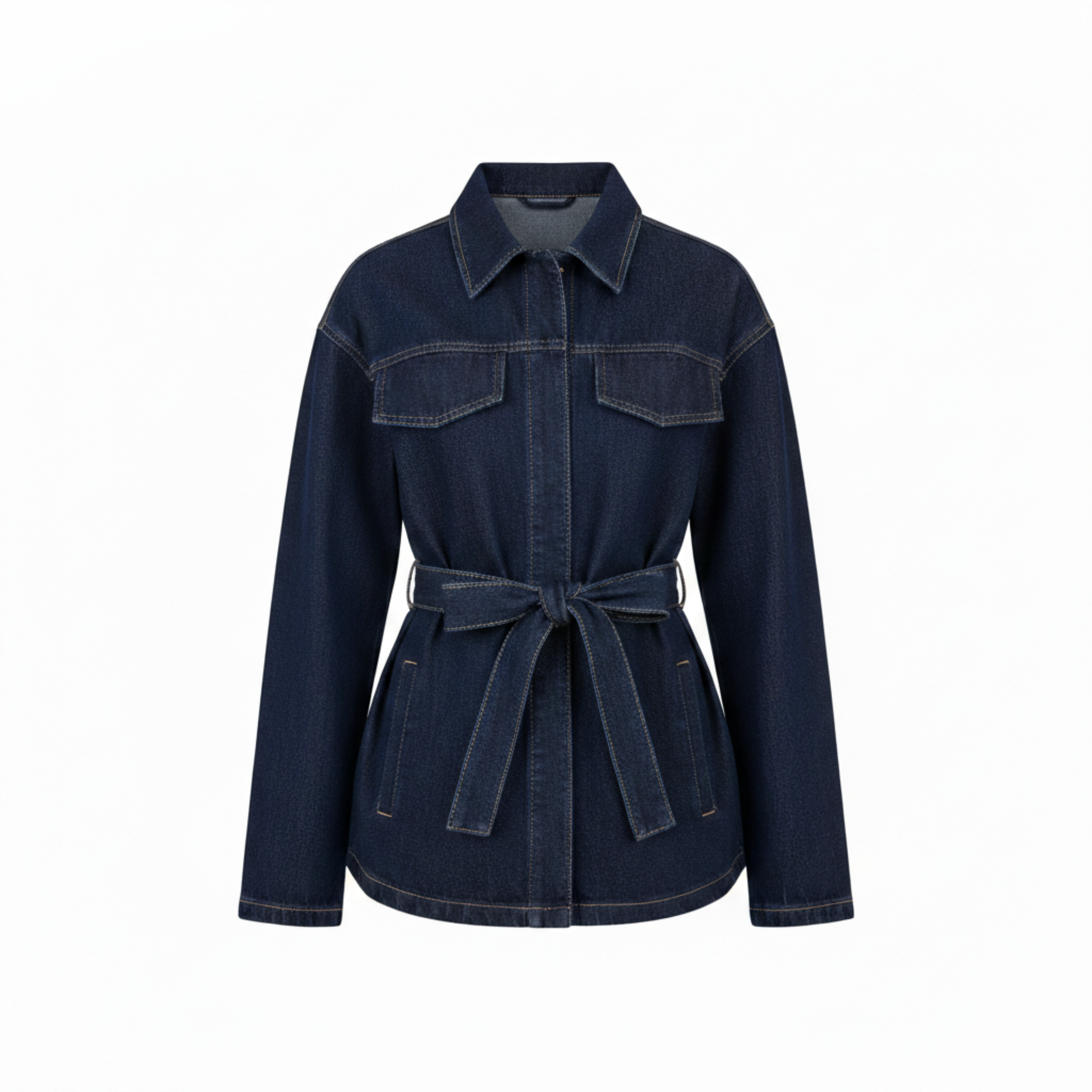 Veste en Jean avec Ceinture à Nouer et Poches à Rabat pour Femme