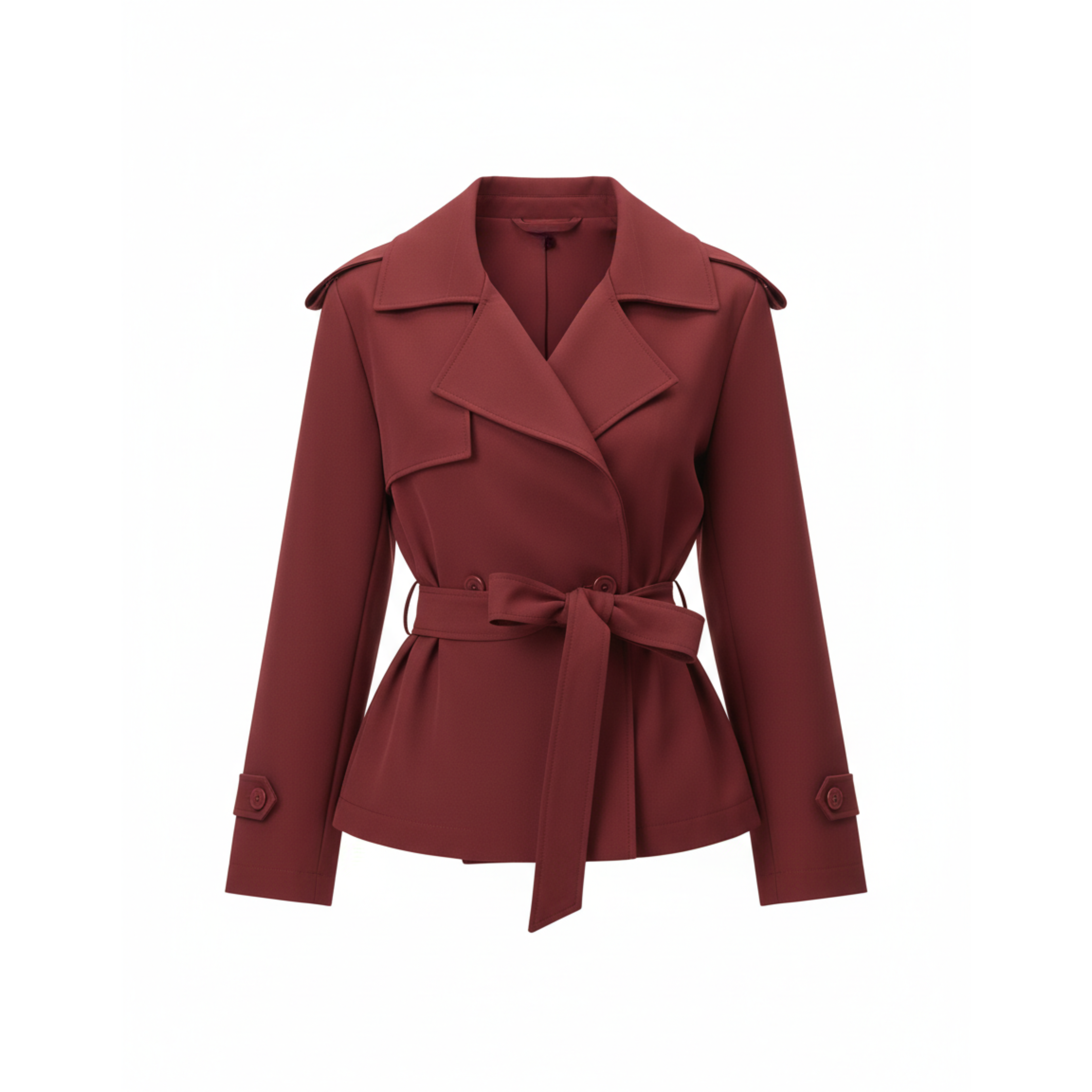 Trench-Coat Court en Polyester avec Ceinture et Col à Revers pour Femme