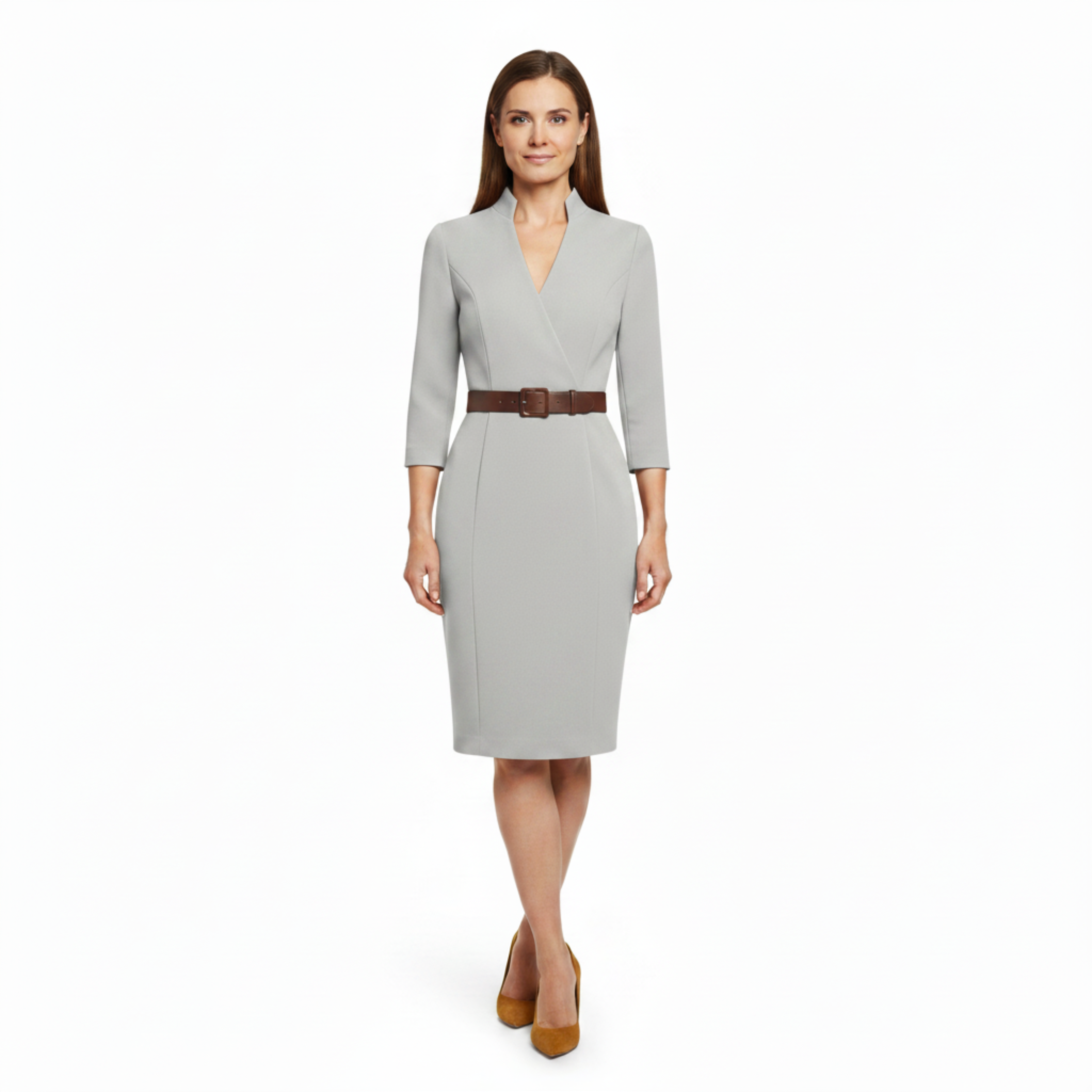 Robe Fourreau Mi-Longue à Col Montant et Manches 3/4 avec Ceinture pour Femme