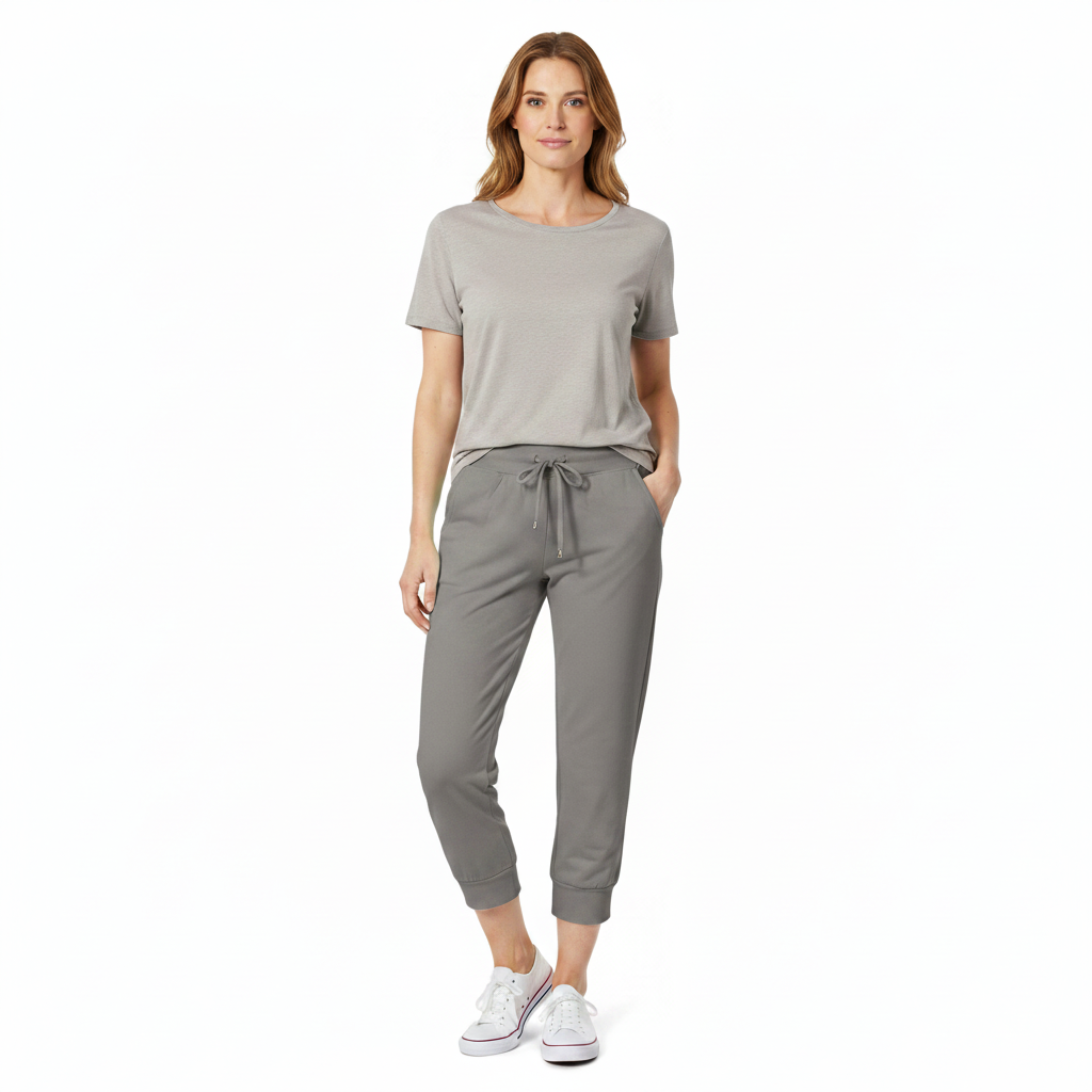 Pantalón capri en textil ligero con cintura elástica y cordón ajustable