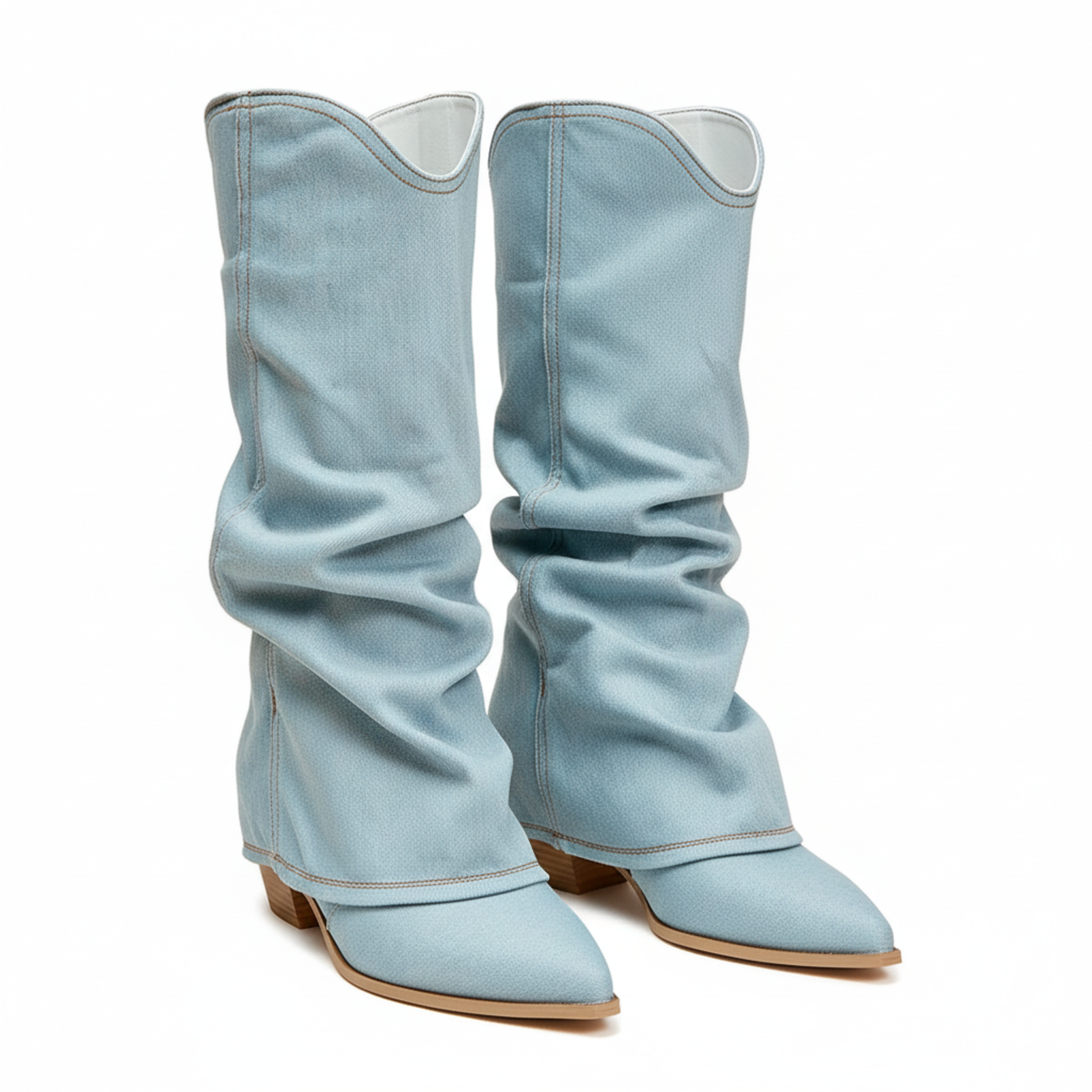 Női magas szárú farmer csizma hegyes orral és négyzetes sarokkal