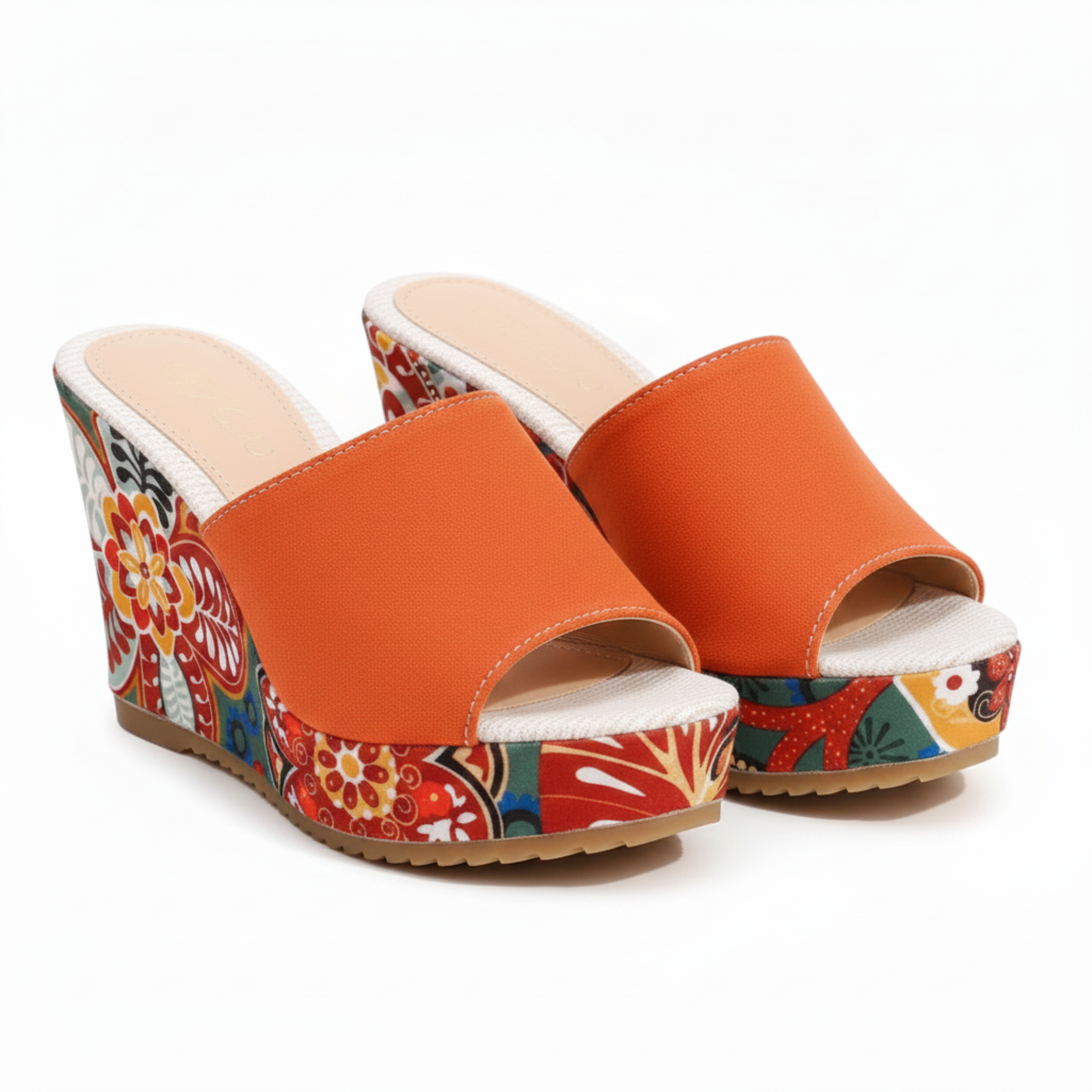 Mule con Zeppa in Velluto da Donna con Motivo Floreale e Punta Aperta