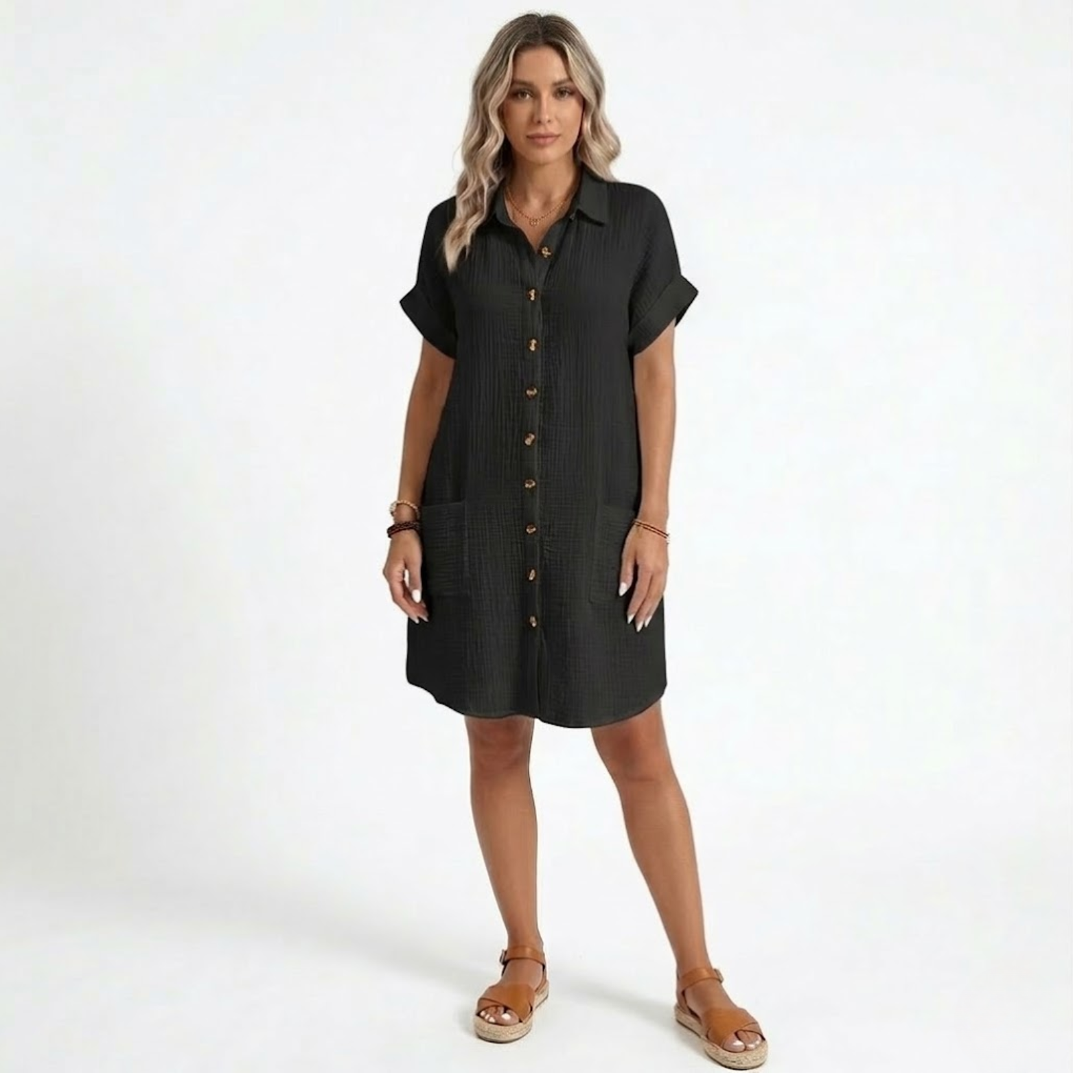 Short Cotton and Linen Dress with V-Neck and Three-Quarter Sleeves for Women