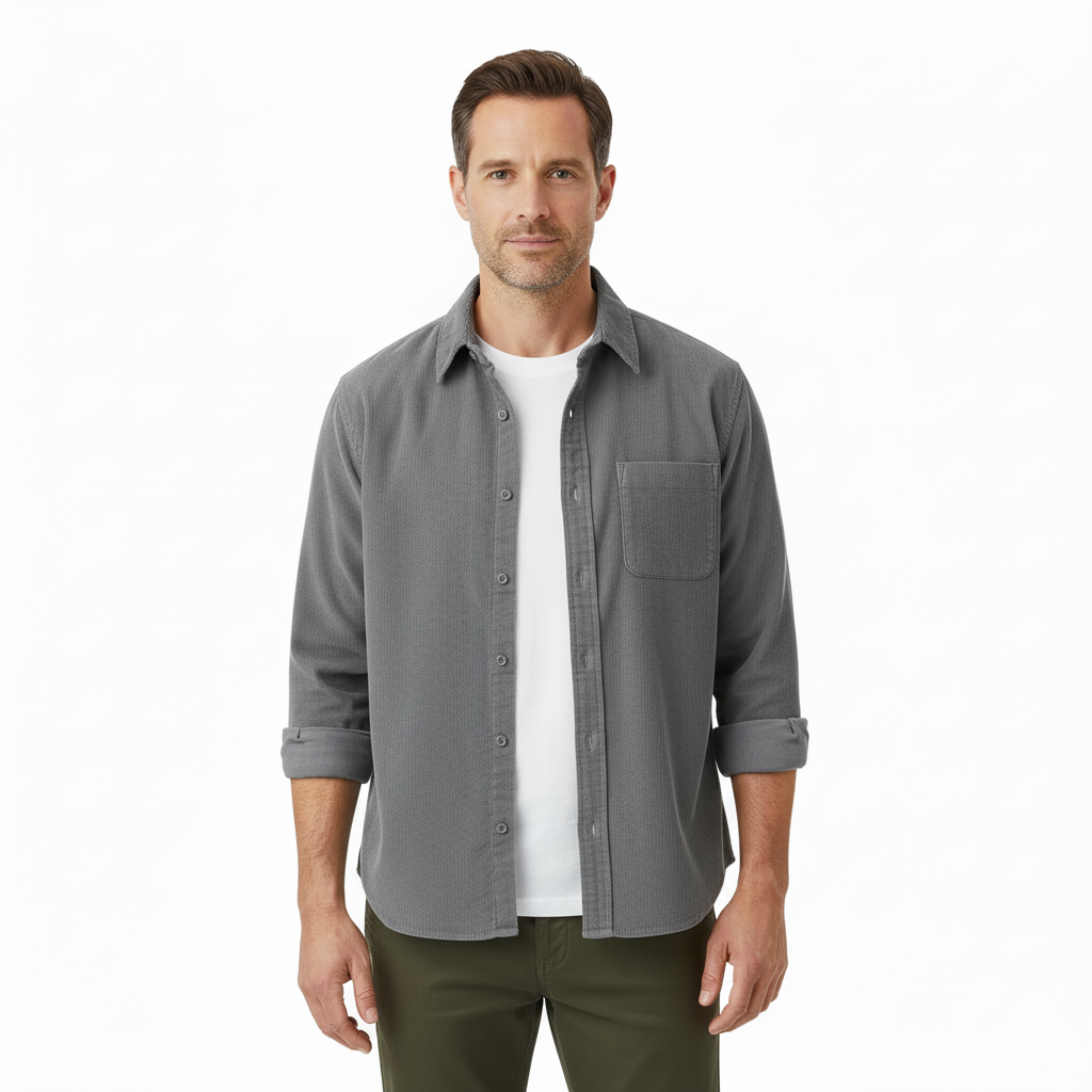 Camisa Retro de Terciopelo Pana de Manga Larga para Hombre con Bolsillo en el Pecho