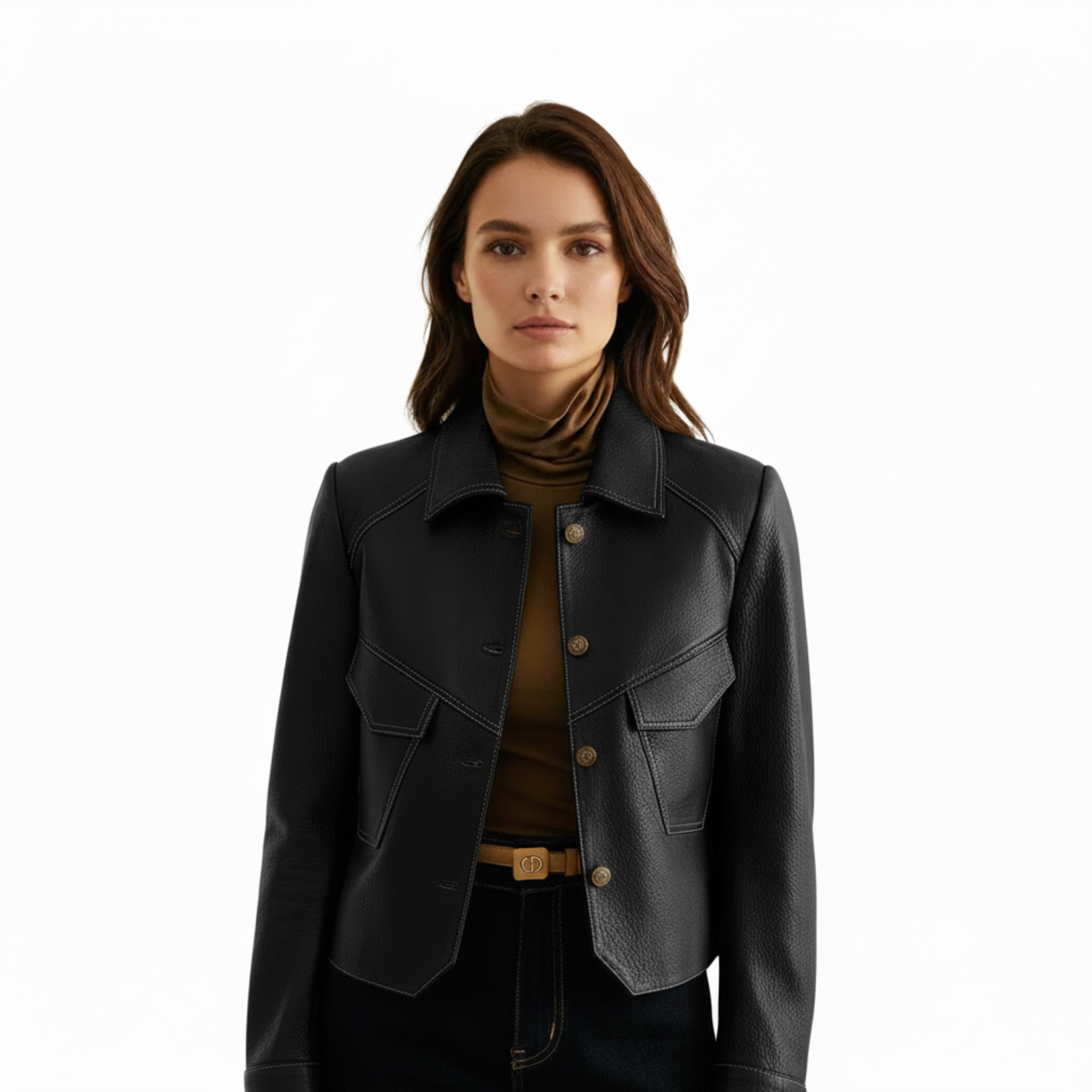 Women's Leather Jacket with Buttons and Fitted Waist Classic Cut