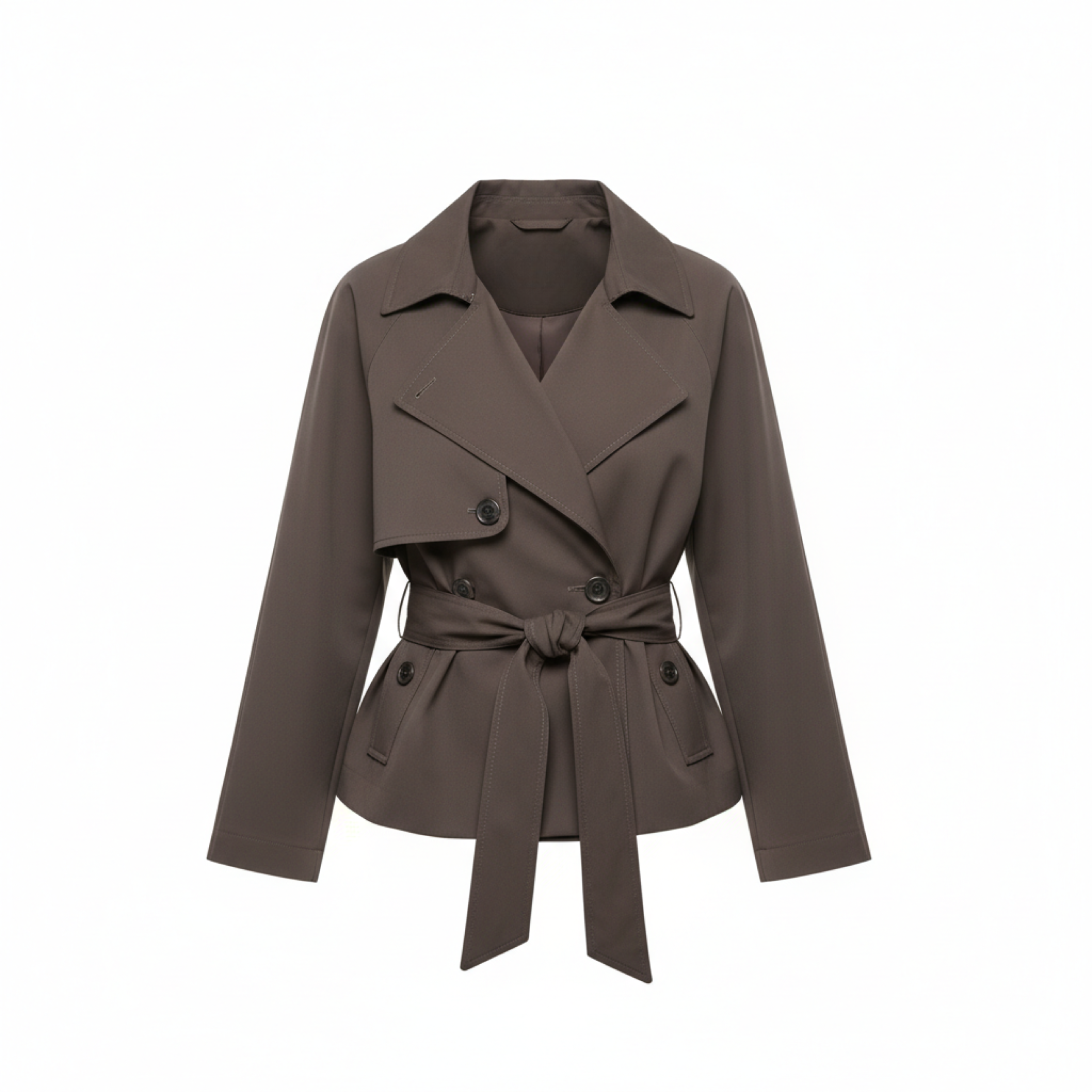 Veste Trench Courte en Polyester avec Ceinture et Col à Revers pour Femme