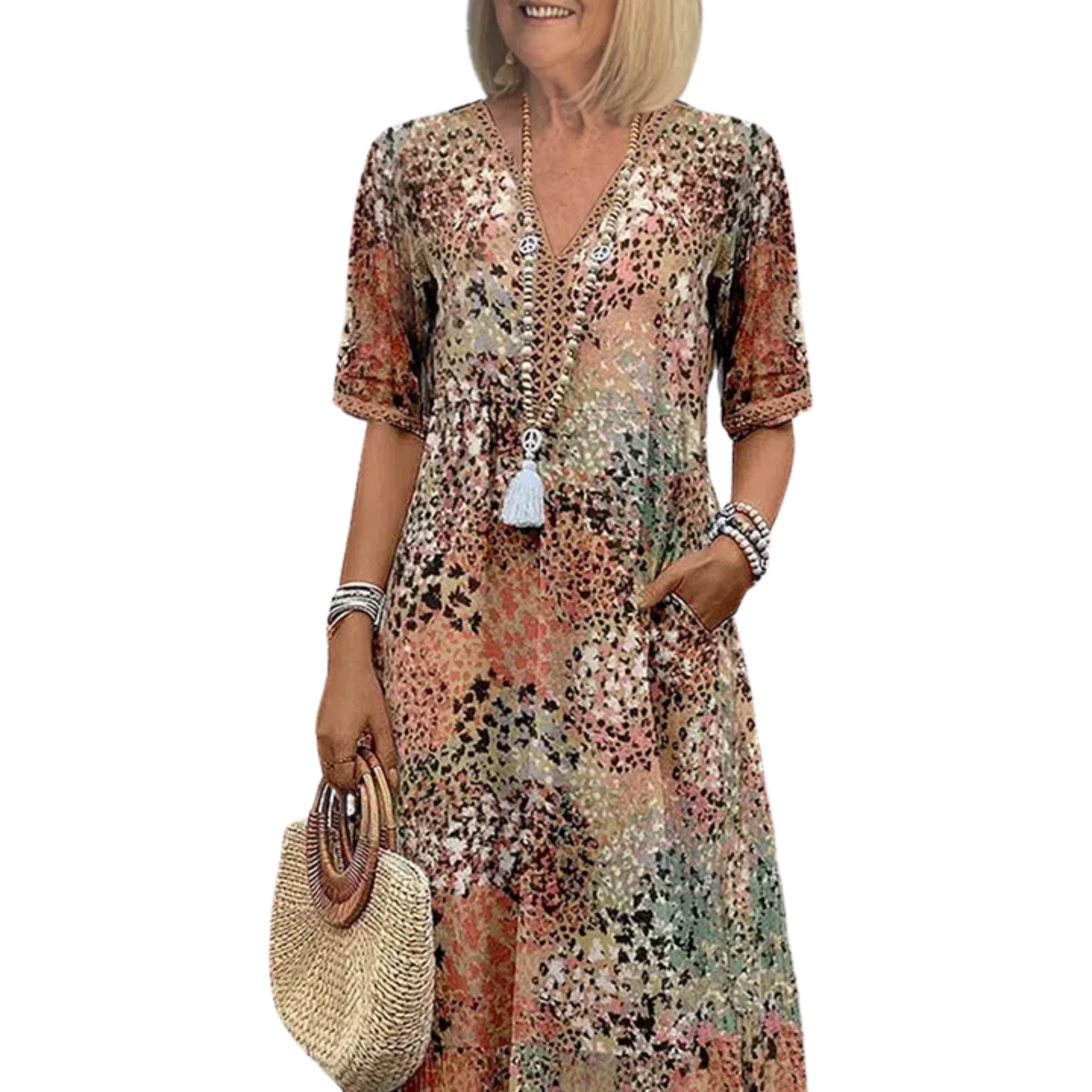 Women's mid-length flared dress — printed pattern and V-neck — casual