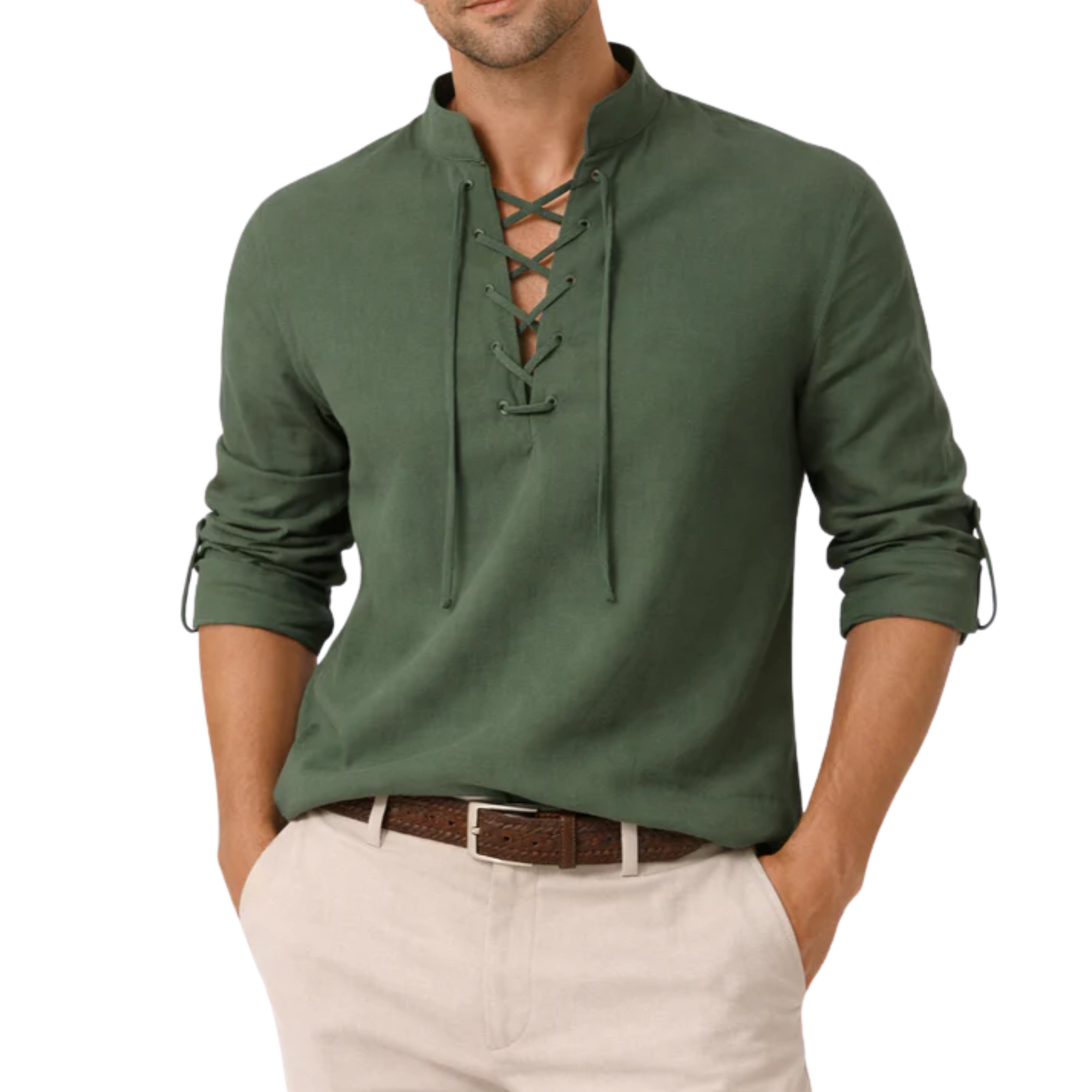 Camisa de lino para hombre con cierre de cordones y mangas largas corte ajustado