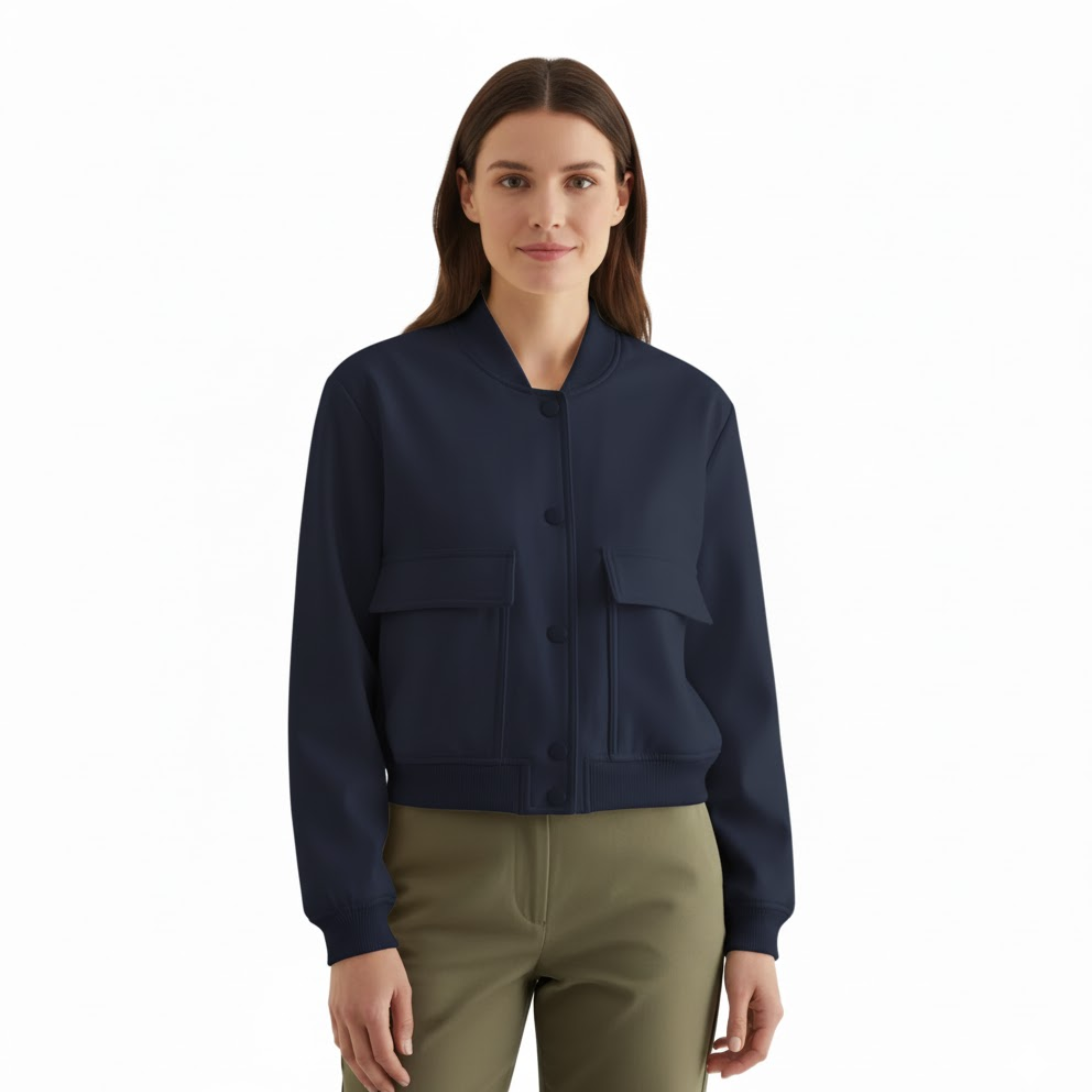 Short Bomber Jacket with Buttons and Flap Pockets for Women