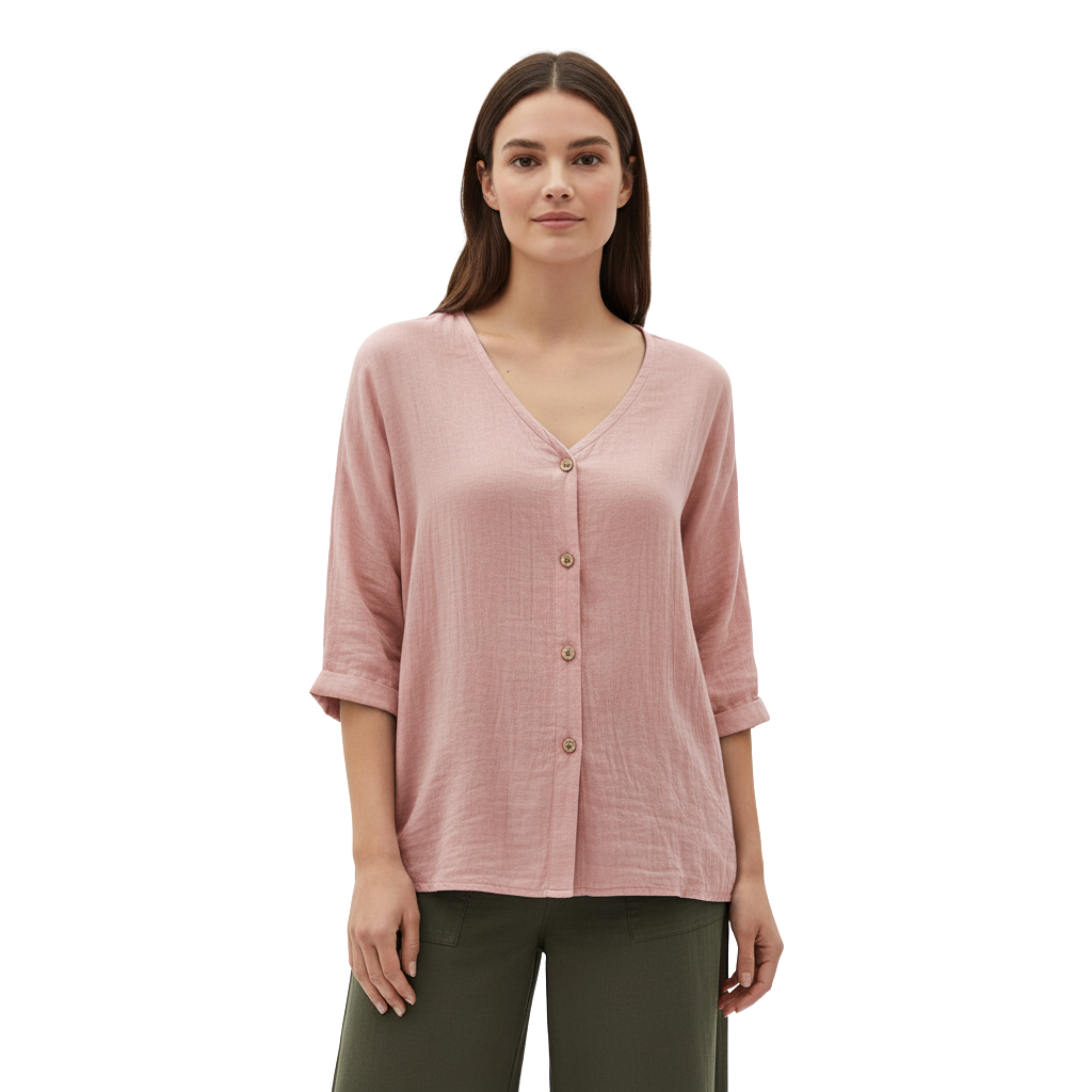 Blusa da donna con scollo a V, bottoni e maniche 3/4 in lino e cotone