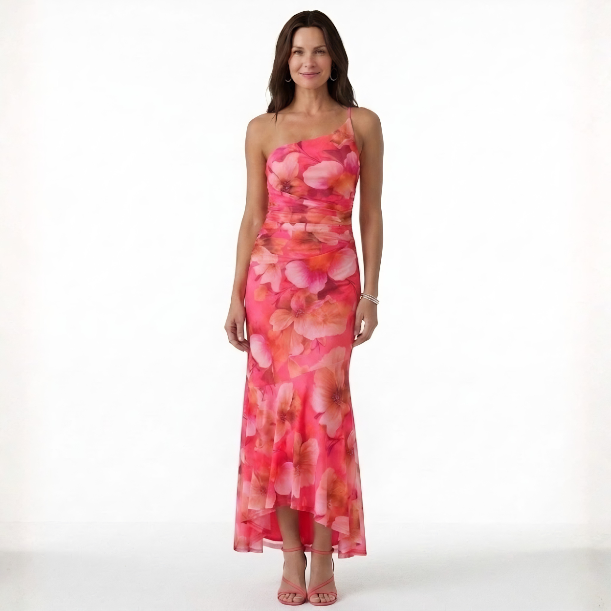 Robe Maxi Asymétrique à Imprimé Floral avec Fronces et Ourlet Queue de Poisson