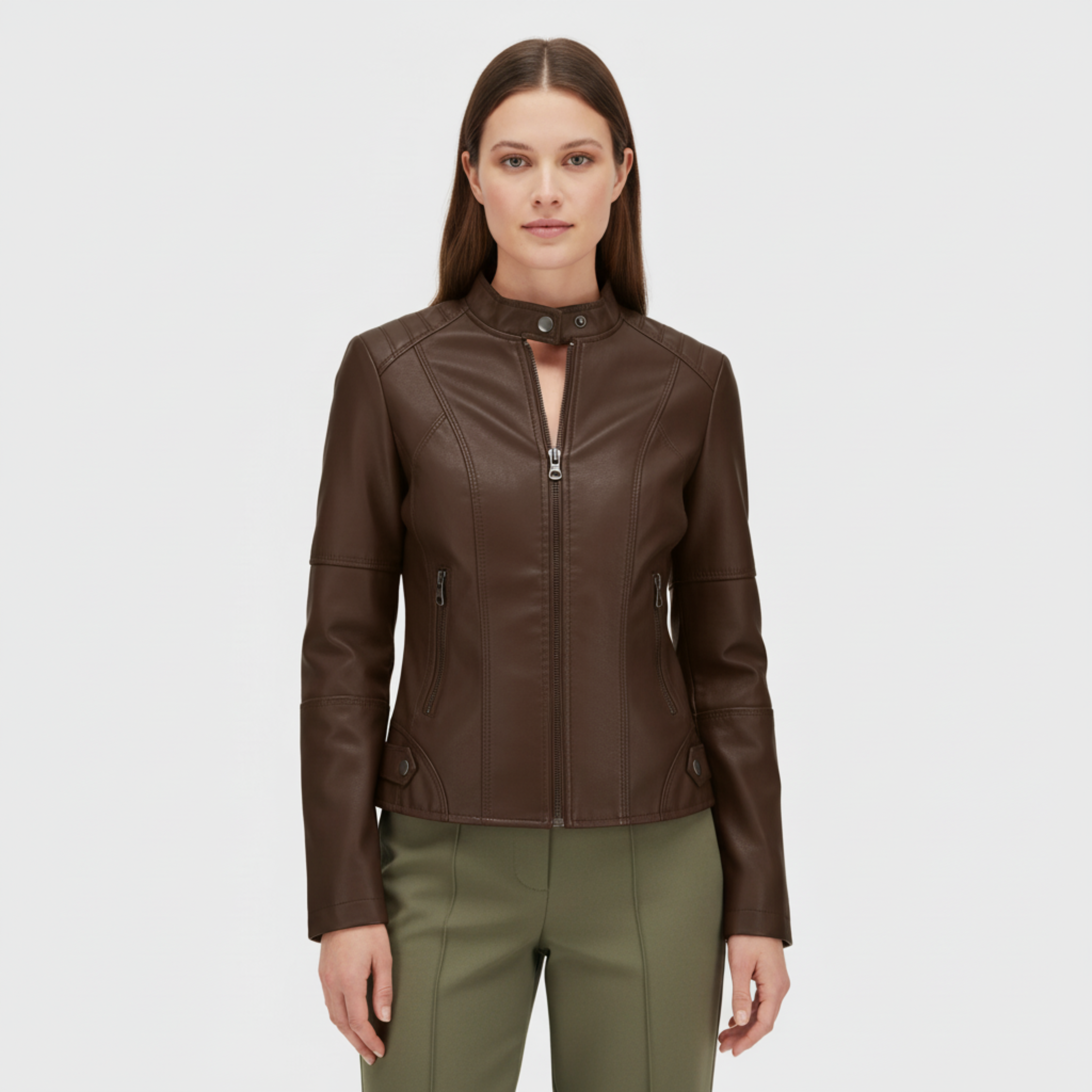 Women's Leather Jacket with Officer Collar and Zipper, Fitted Cut