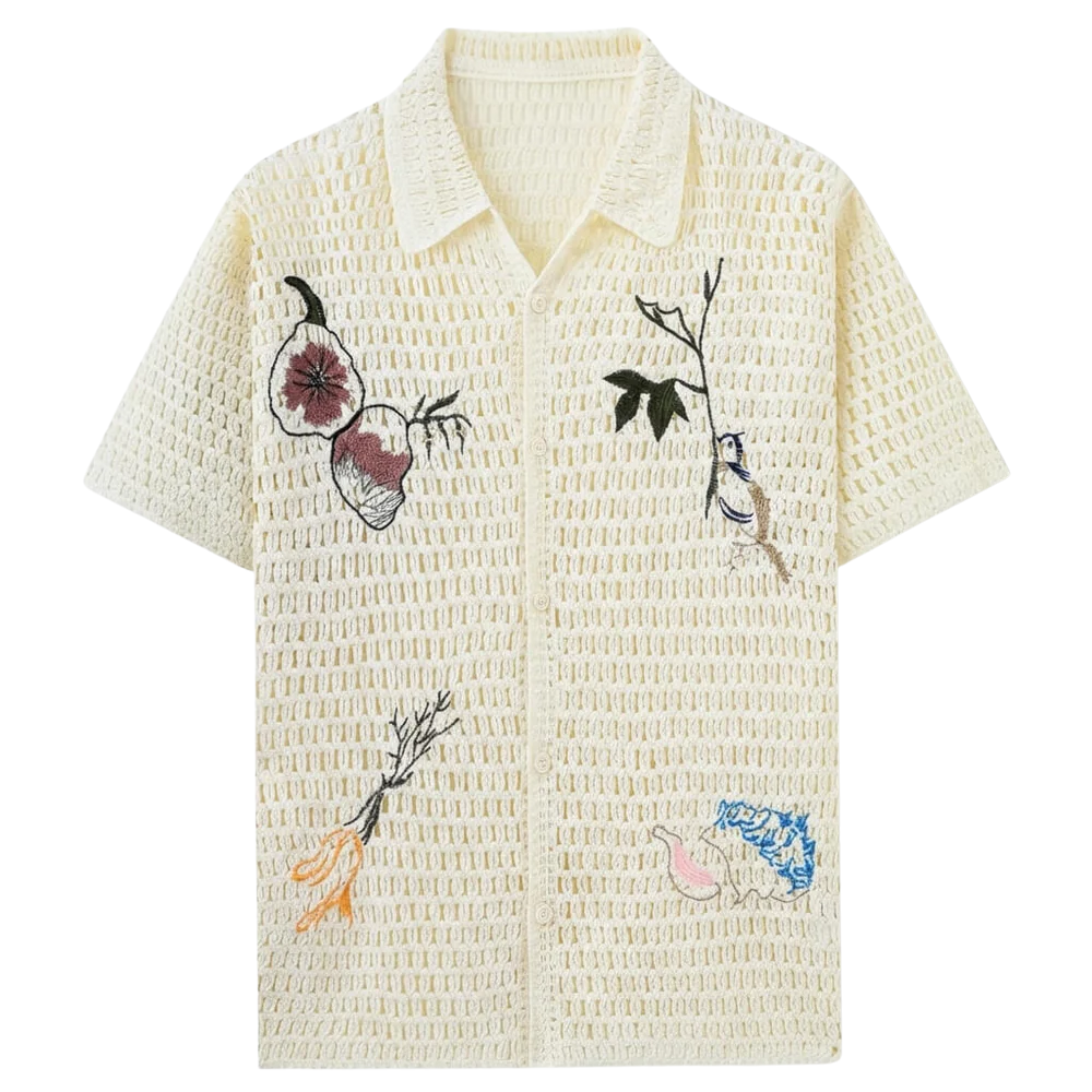 Men's crocheted polo — botanical embroidery — summer resort style