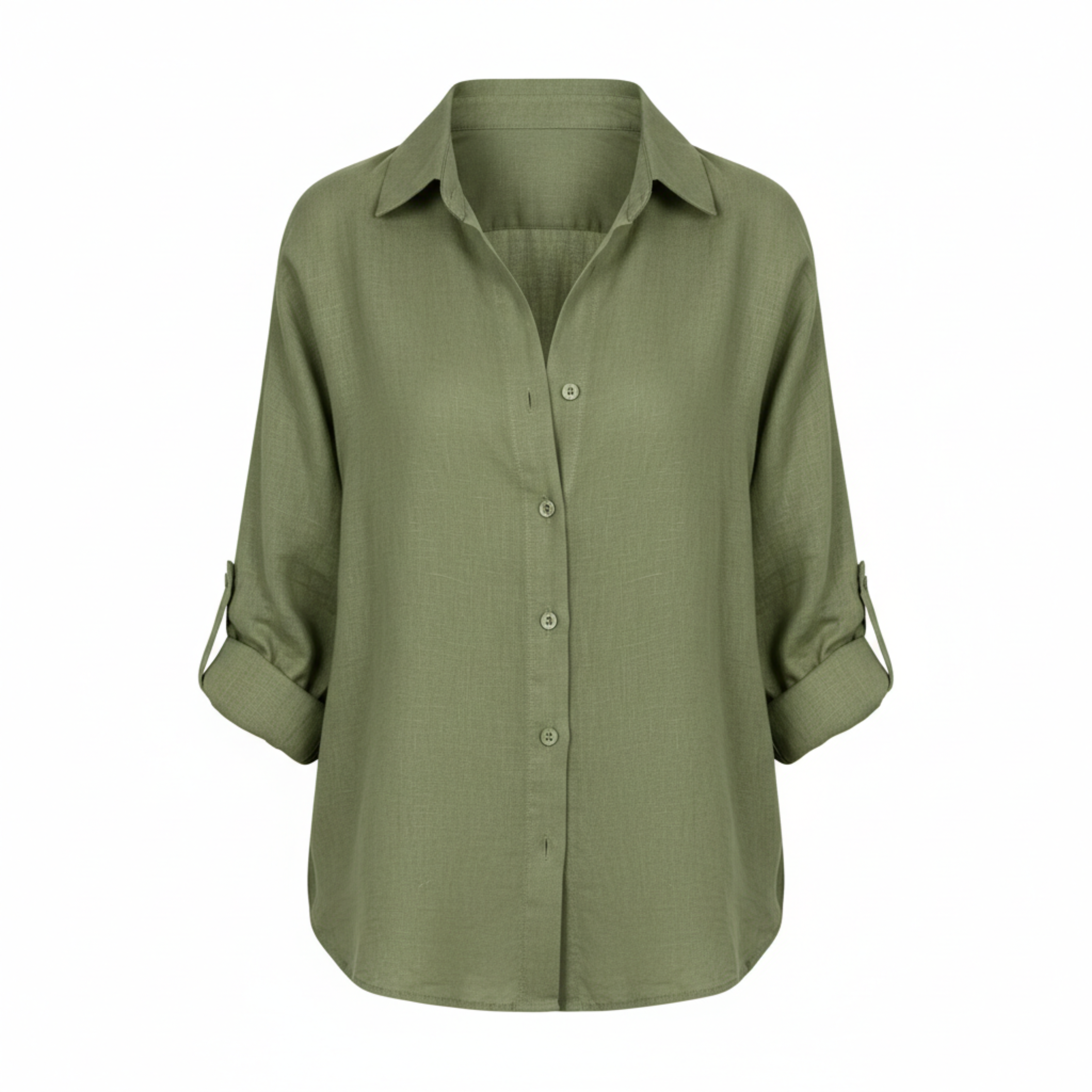 Loose casual button-up shirt for women with three-quarter sleeves and split neckline