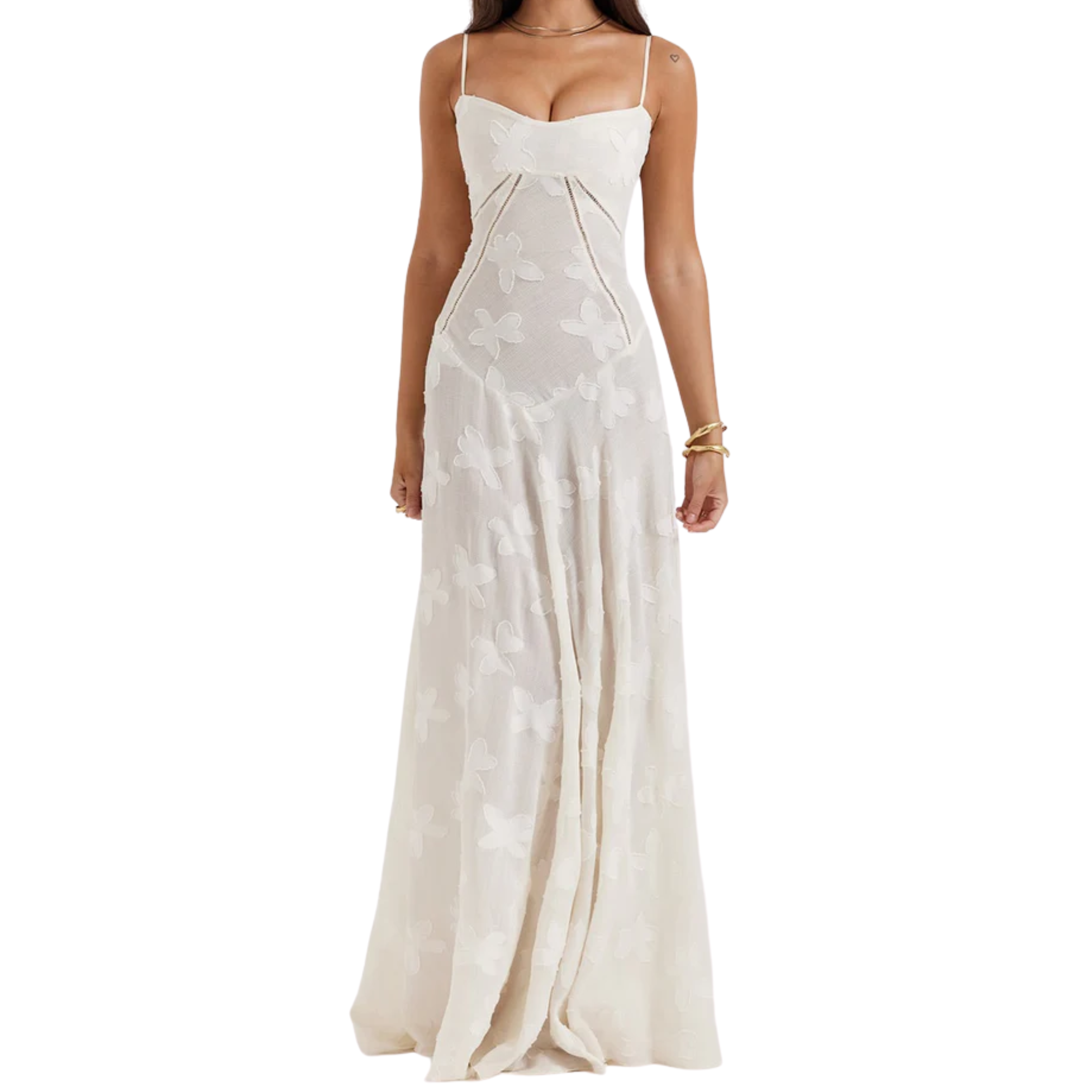 Vestido de noche largo con corsé, bordados florales y corte evasé para mujer