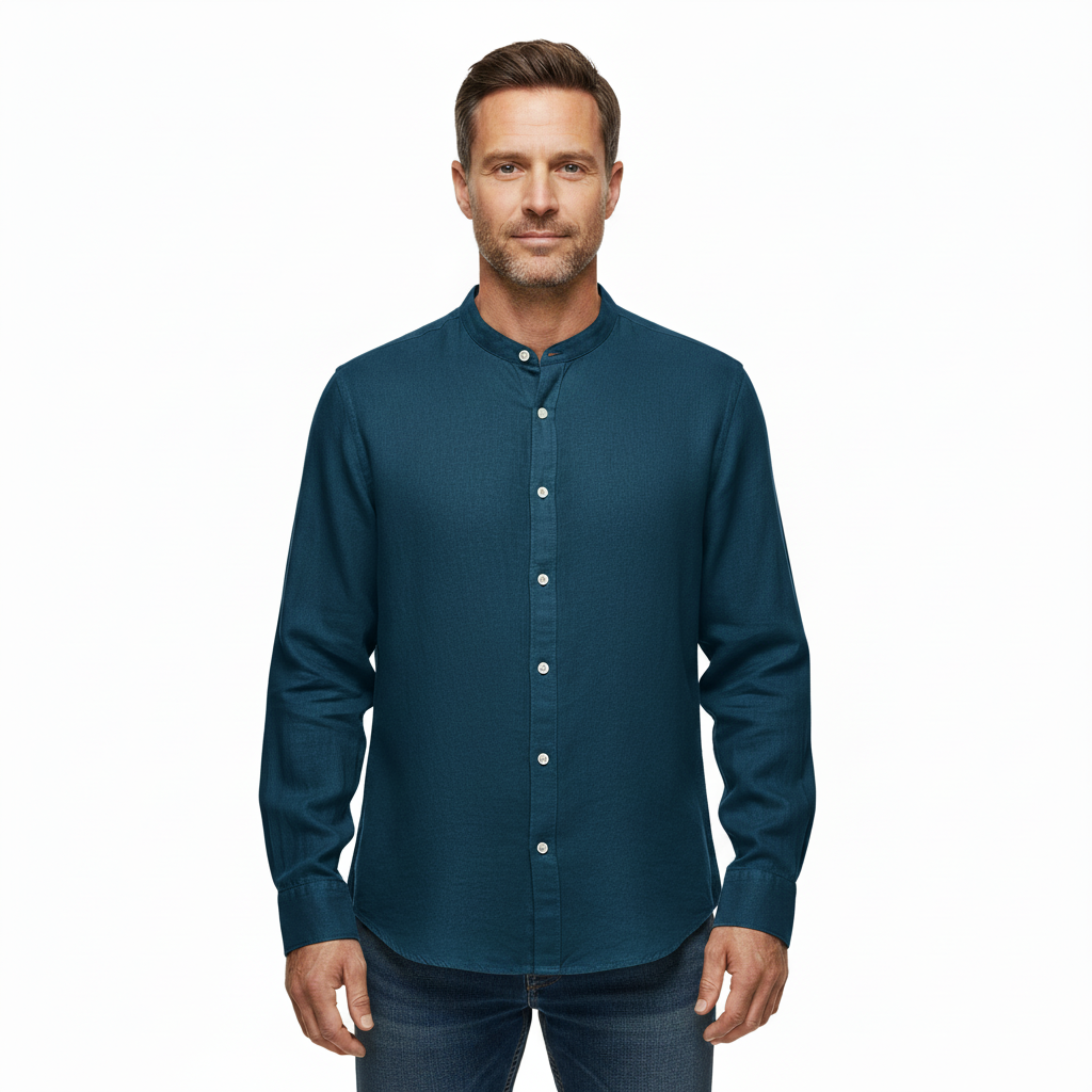 Camisa de lino para hombre con cuello clásico y mangas largas ajustables