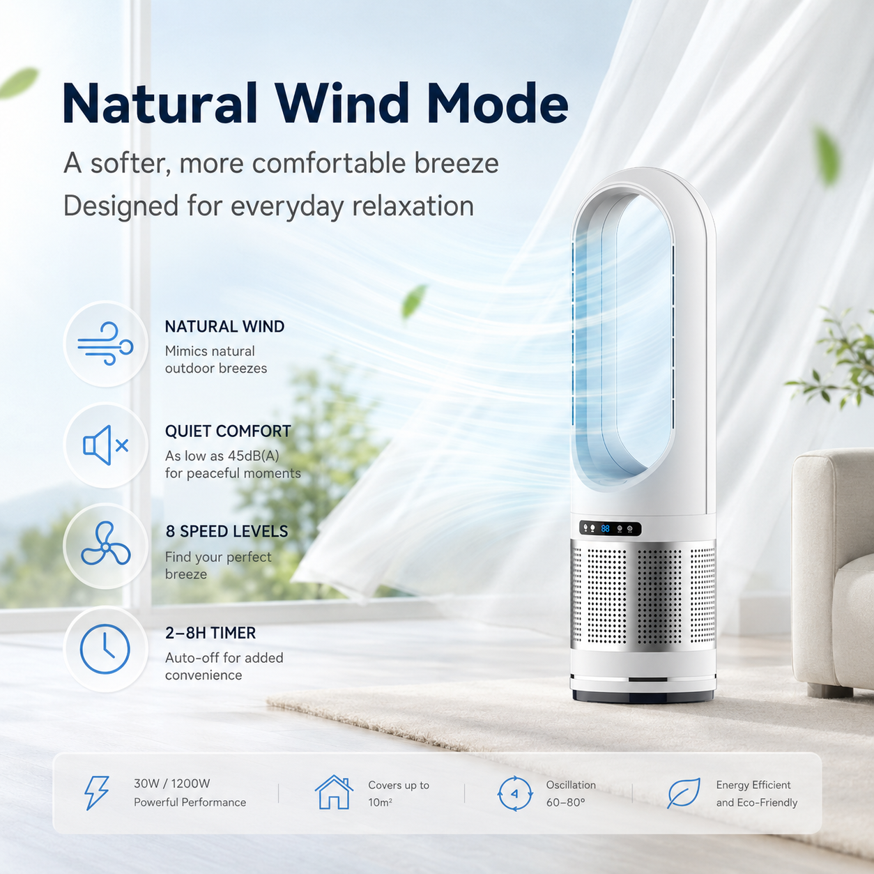 Ventilador de columna sin aspas con control remoto y oscilación