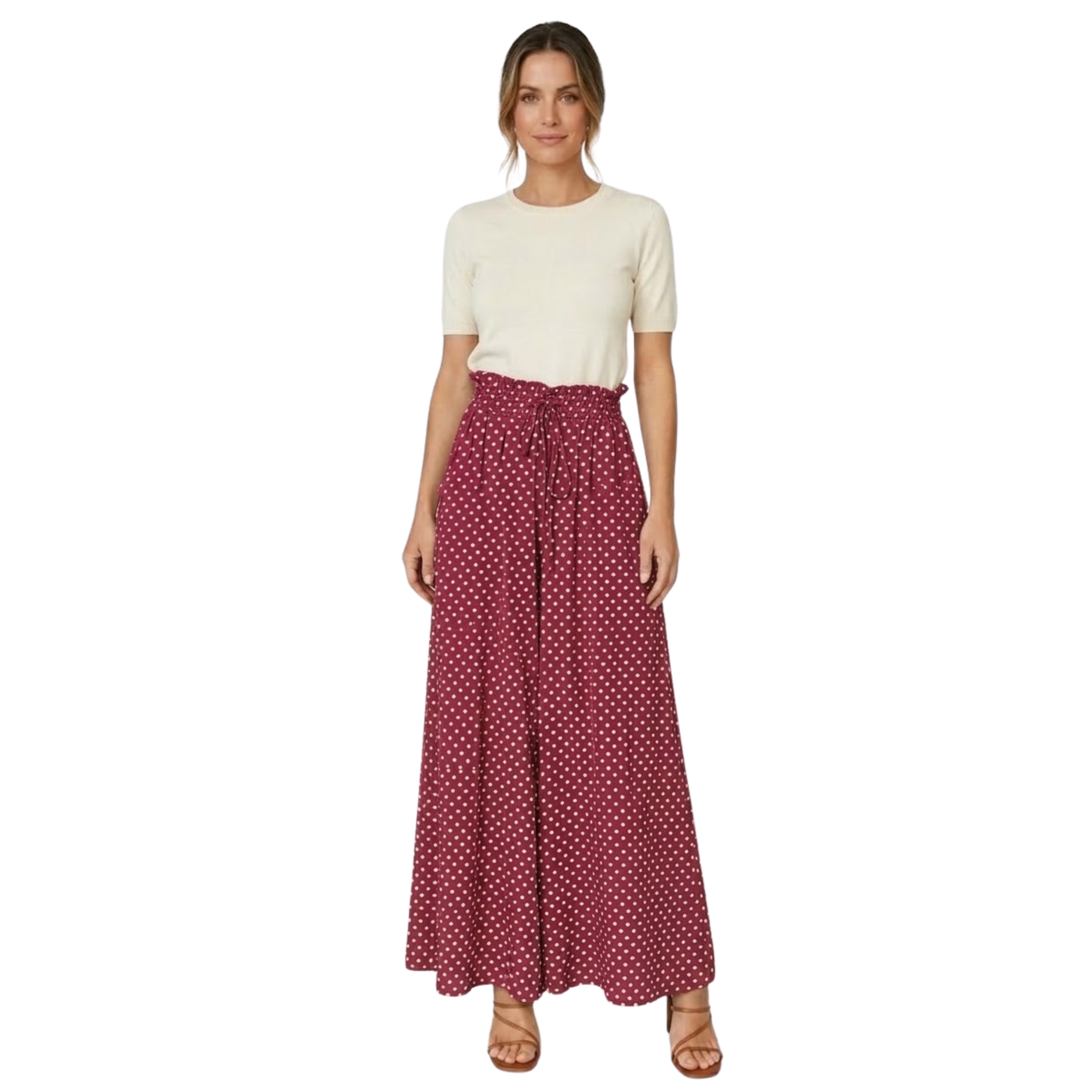 Luźne spodnie w kropki dla kobiet z elastycznym pasem i sznurkiem do ściągania